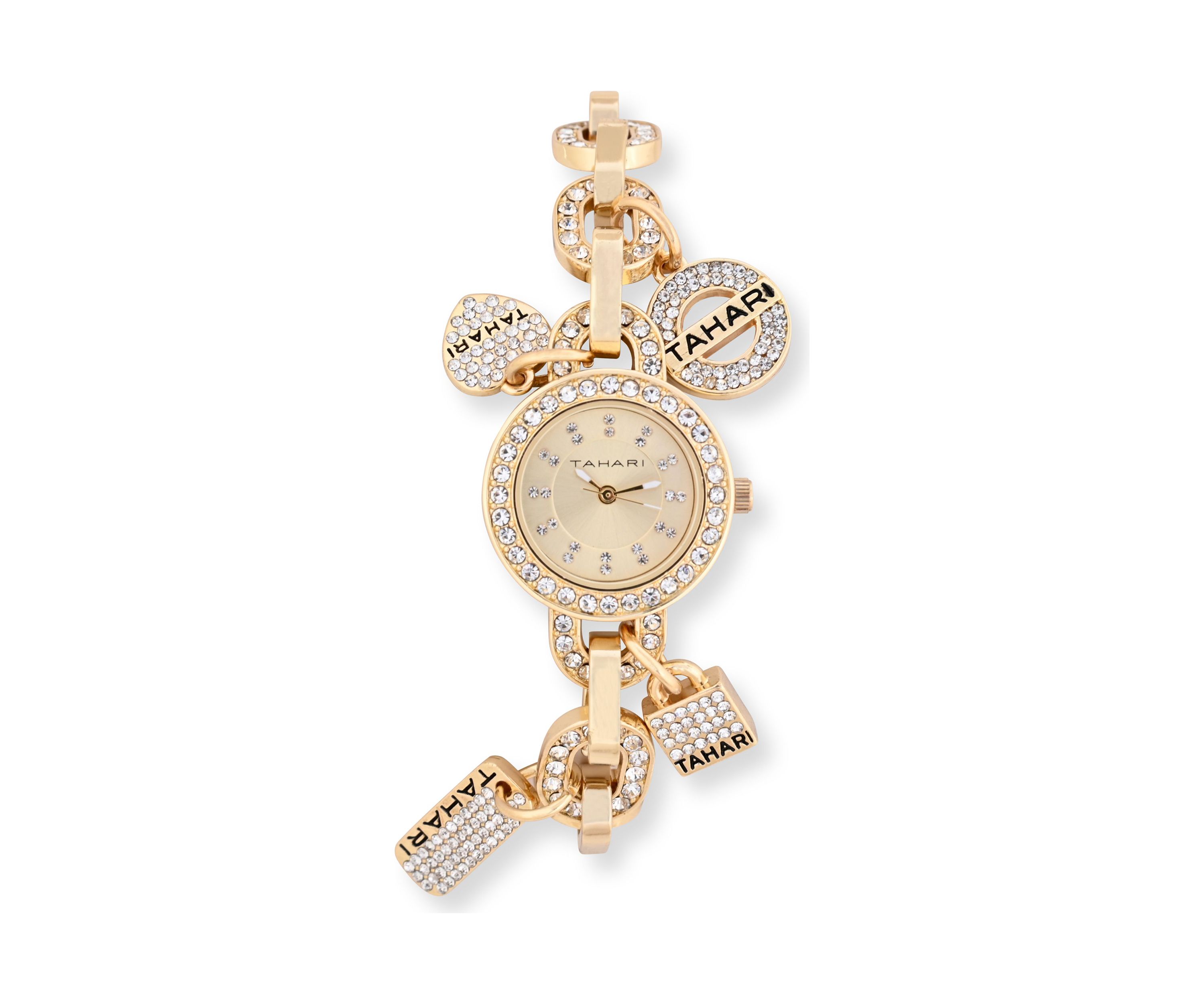 TAHARI Ladies Goldtone and Crystal Charm Watch
