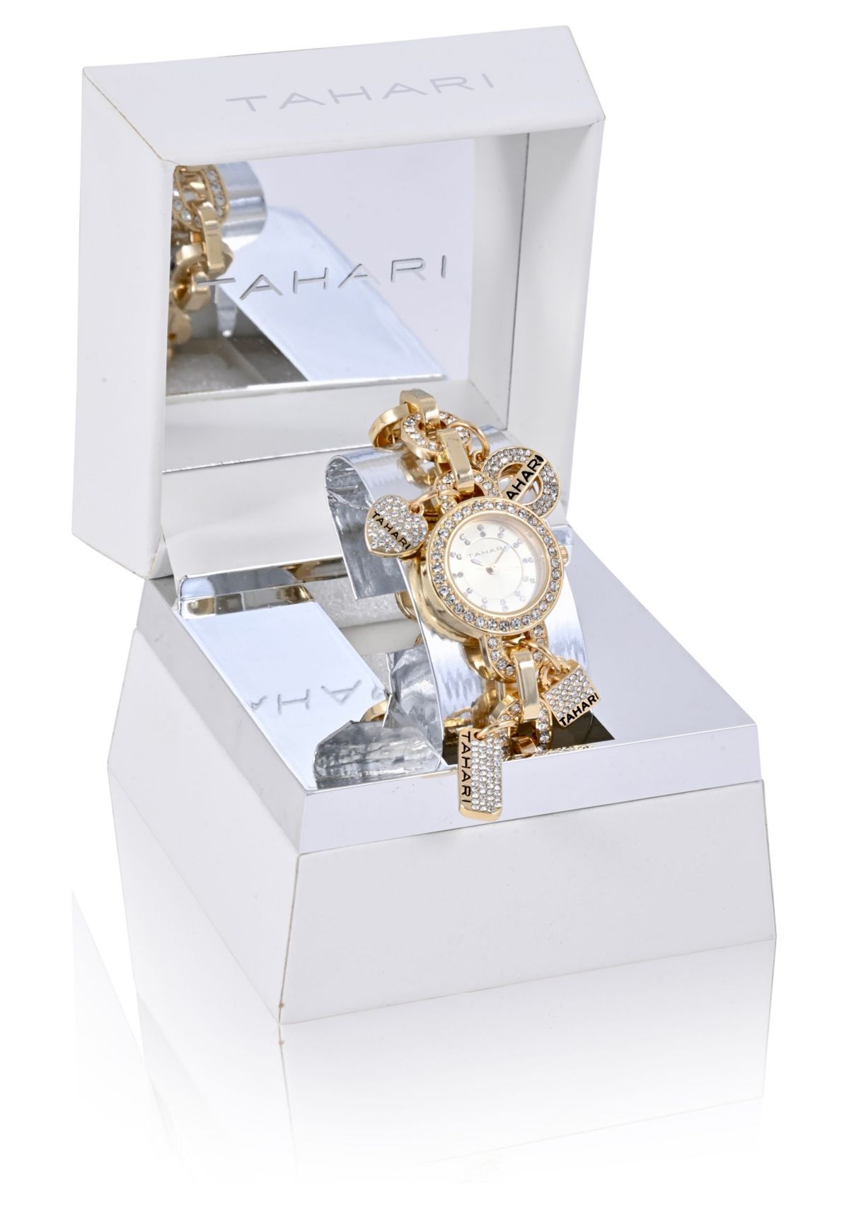 TAHARI Ladies Goldtone and Crystal Charm Watch