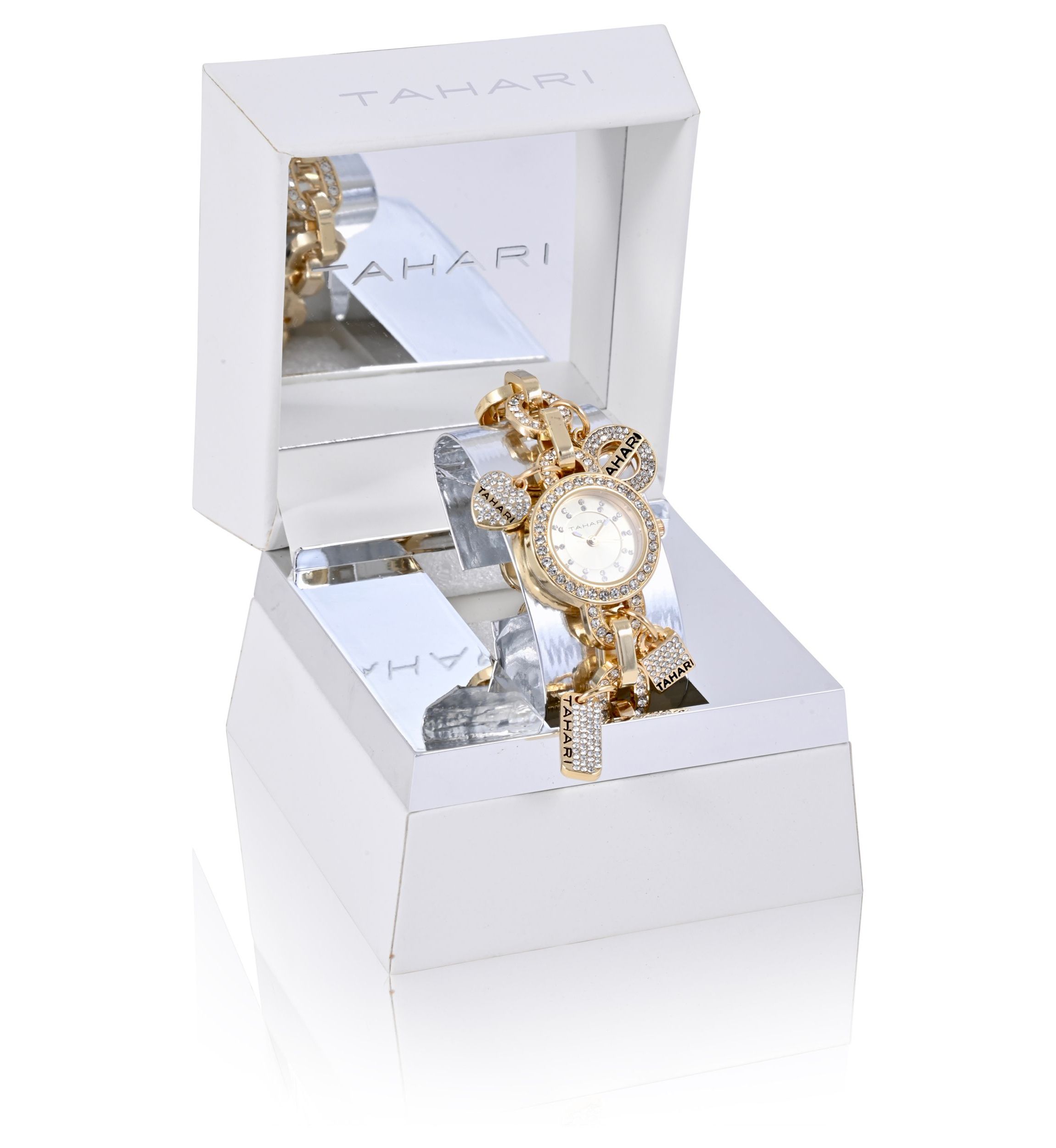 TAHARI Ladies Goldtone and Crystal Charm Watch