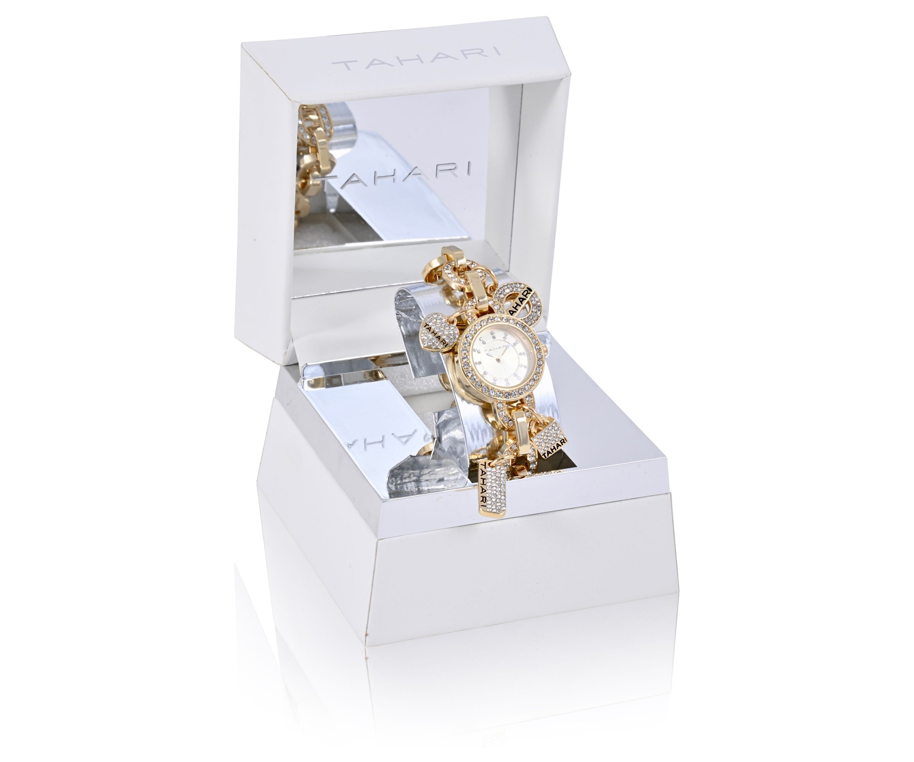 TAHARI Ladies Goldtone and Crystal Charm Watch