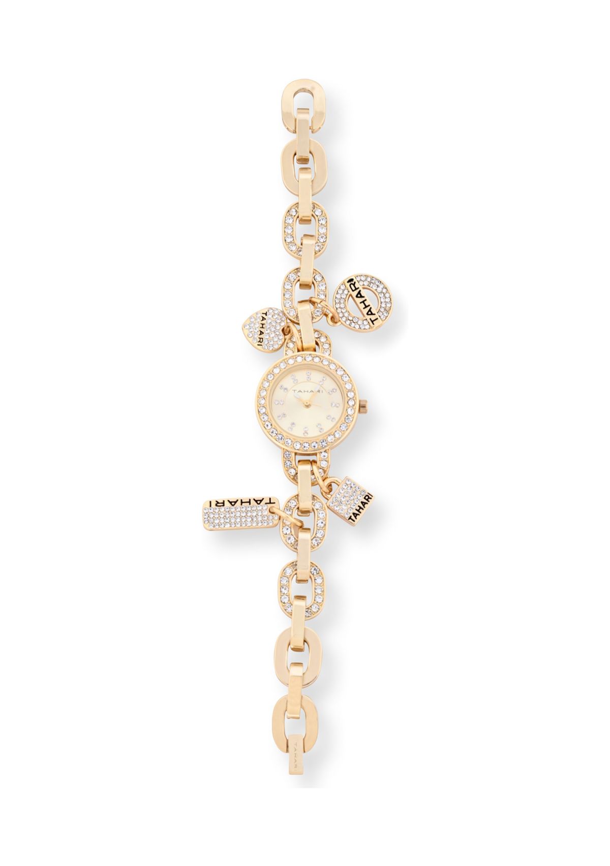 TAHARI Ladies Goldtone and Crystal Charm Watch