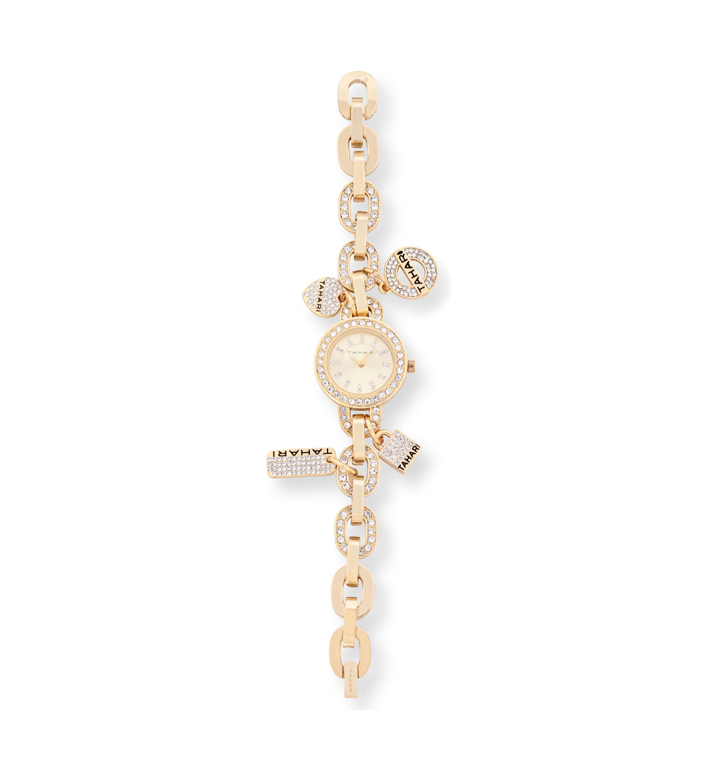 TAHARI Ladies Goldtone and Crystal Charm Watch