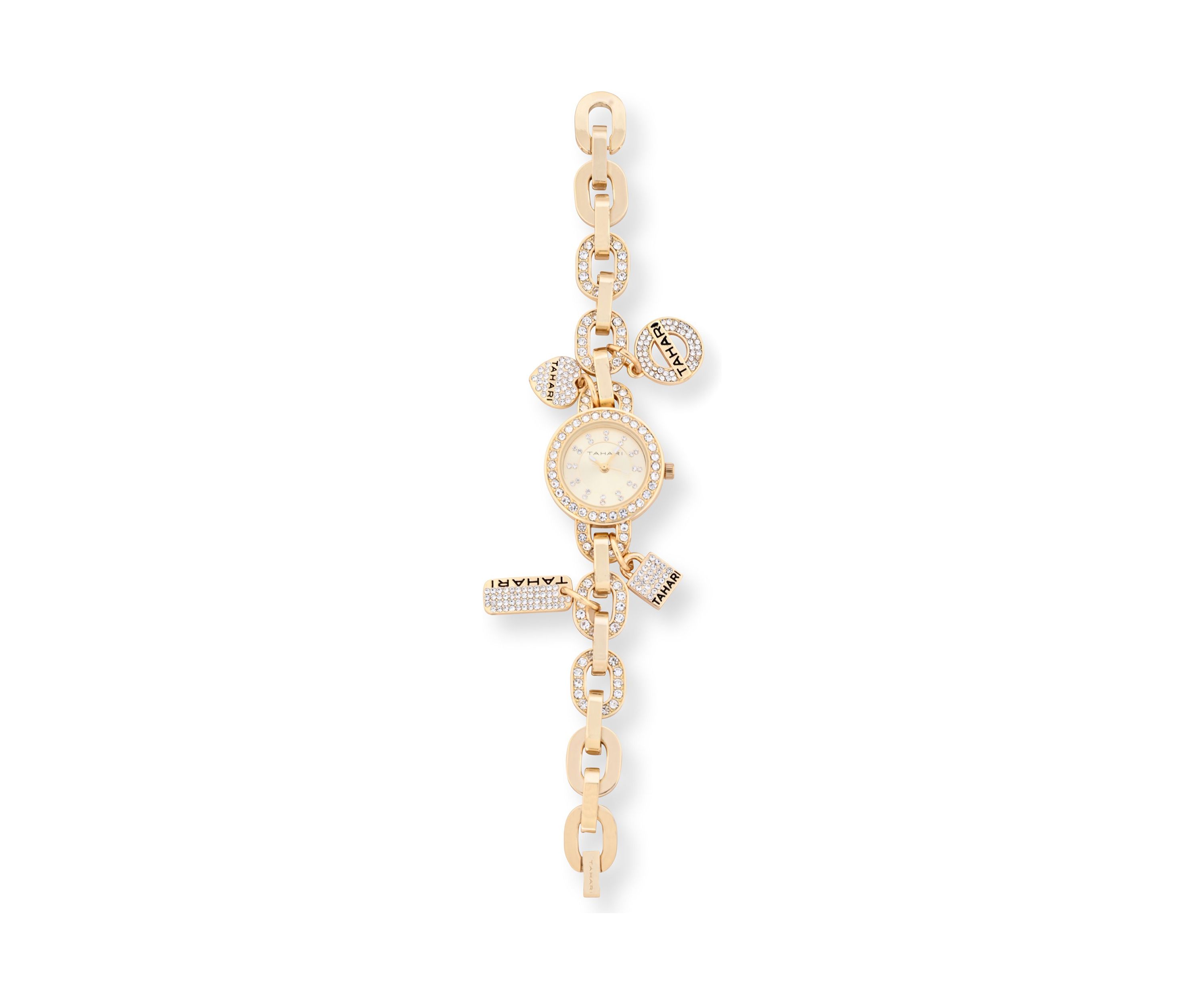 TAHARI Ladies Goldtone and Crystal Charm Watch
