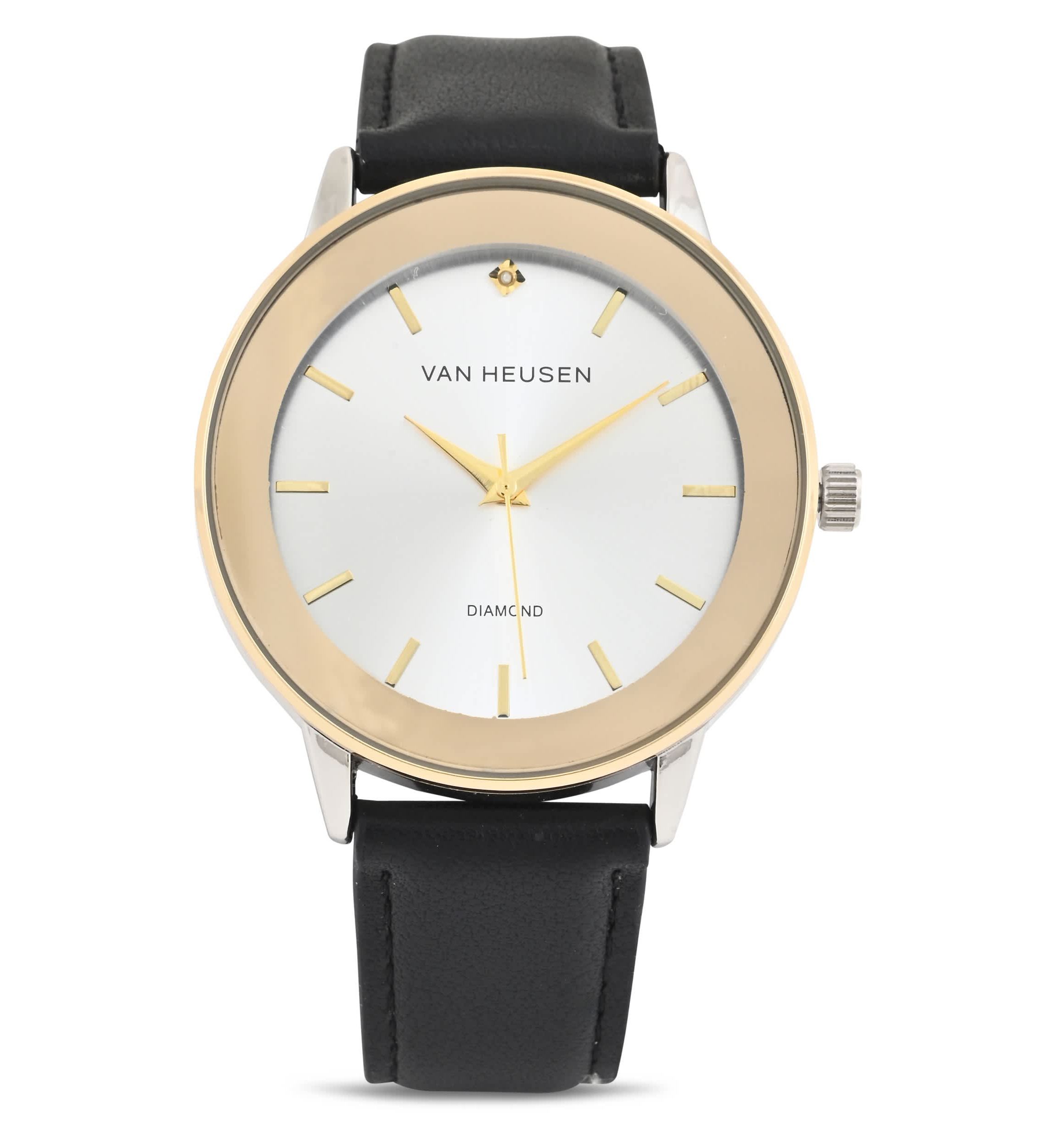 Van Heusen Adult Mens Analog Watch with Two-Tone Gold Silver Case and Black Strap w Genuine Diamond at 12 Model# VAN5668