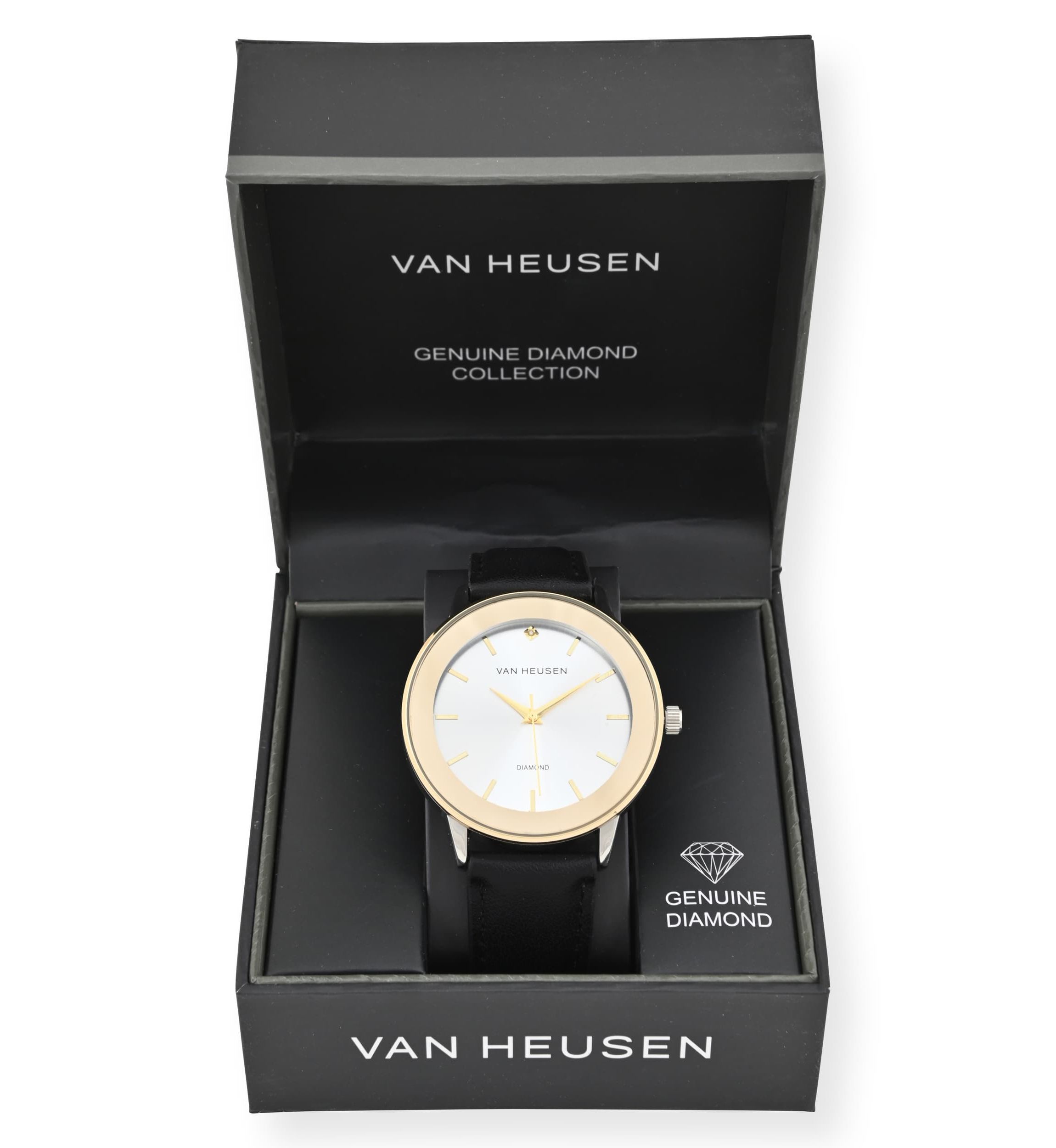 Van Heusen Adult Mens Analog Watch with Two-Tone Gold Silver Case and Black Strap w Genuine Diamond at 12 Model# VAN5668