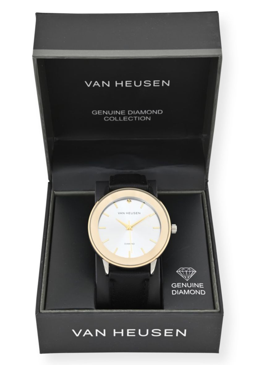 Van Heusen Adult Mens Analog Watch with Two-Tone Gold Silver Case and Black Strap w Genuine Diamond at 12 Model# VAN5668