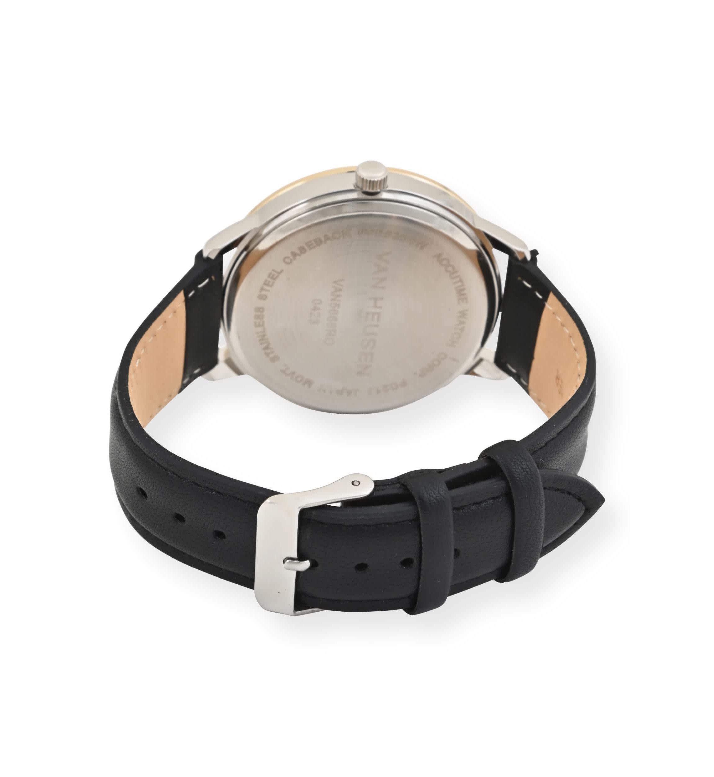Van Heusen Adult Mens Analog Watch with Two-Tone Gold Silver Case and Black Strap w Genuine Diamond at 12 Model# VAN5668