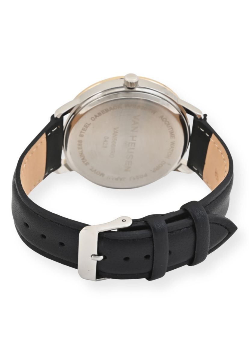 Van Heusen Adult Mens Analog Watch with Two-Tone Gold Silver Case and Black Strap w Genuine Diamond at 12 Model# VAN5668