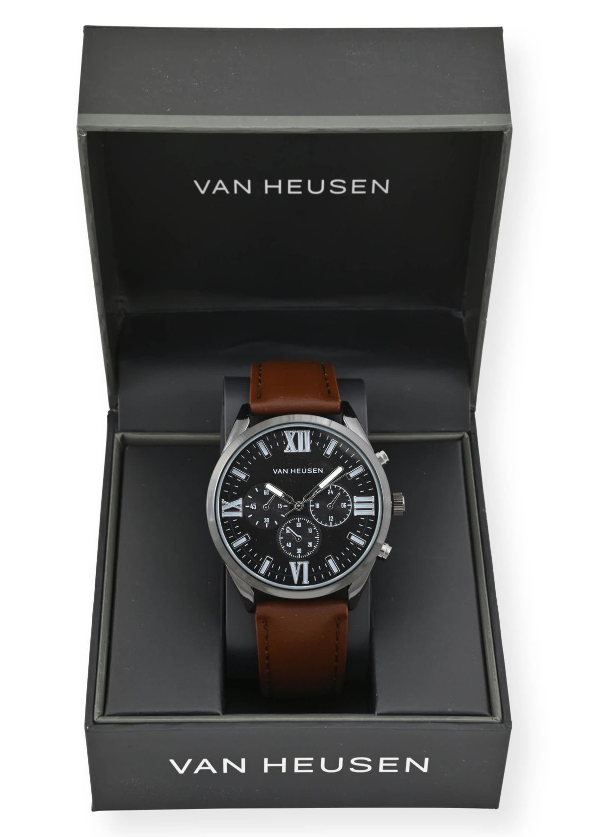 Van Heusen Adult Mens Analog Watch with Black Case and Brown Strap Model# VAN5841