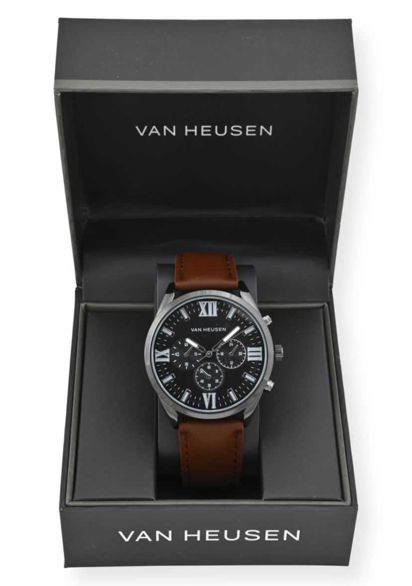 Van Heusen Adult Mens Analog Watch with Black Case and Brown Strap Model# VAN5841