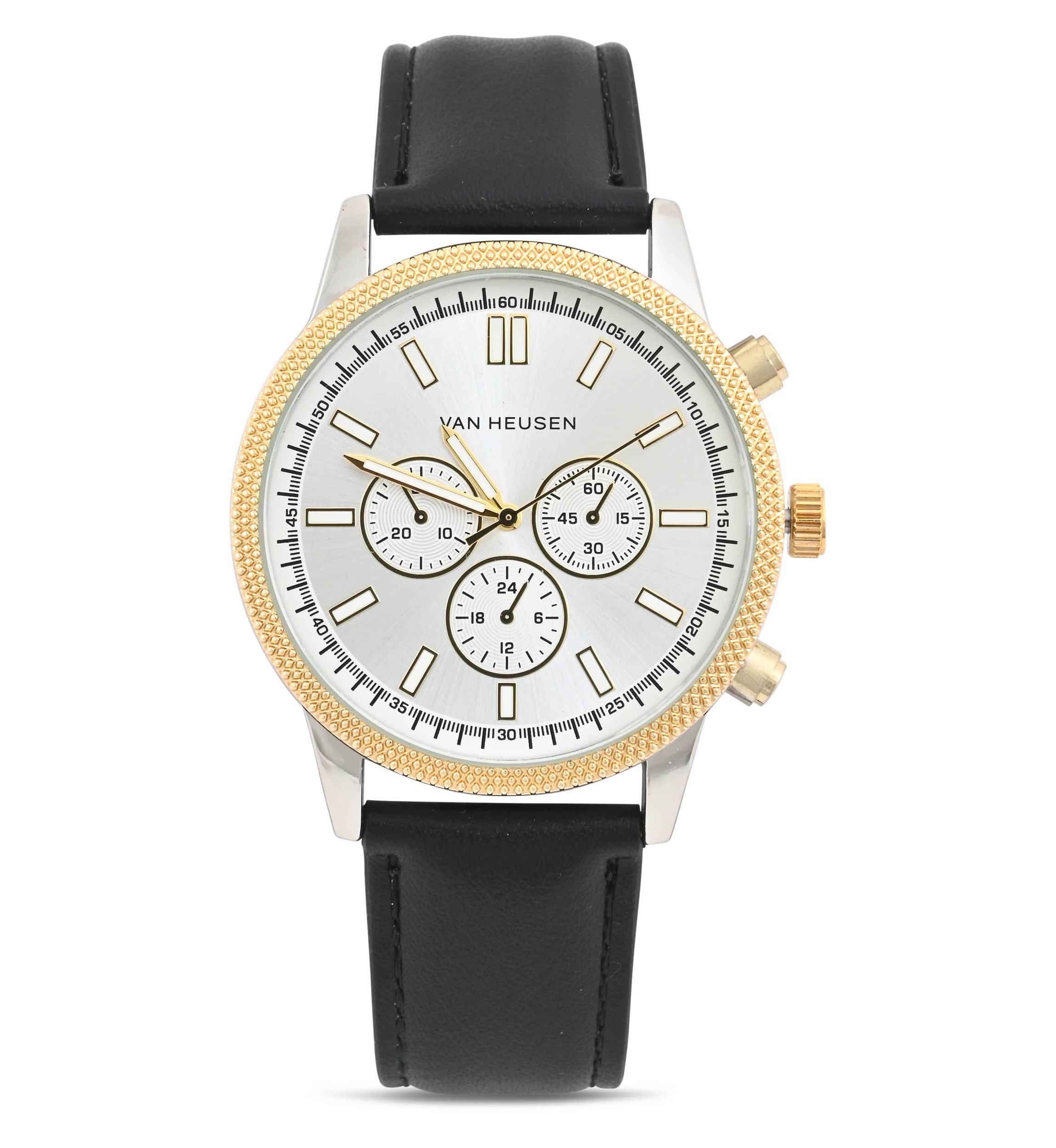 Van Heusen Adult Mens Analog Watch with Two-Tone Gold Silver Case and Black Strap Model# VAN5845