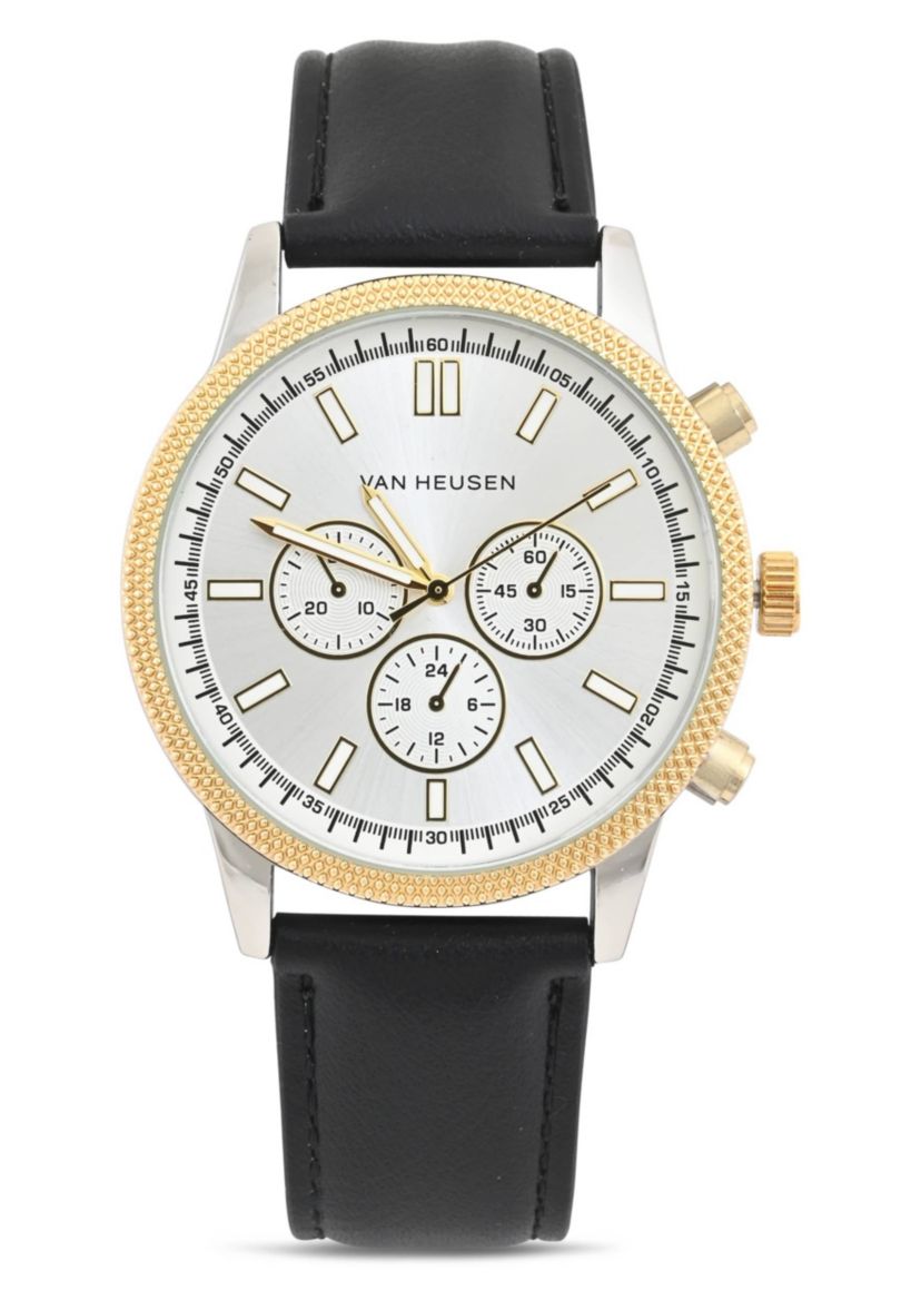 Van Heusen Adult Mens Analog Watch with Two-Tone Gold Silver Case and Black Strap Model# VAN5845
