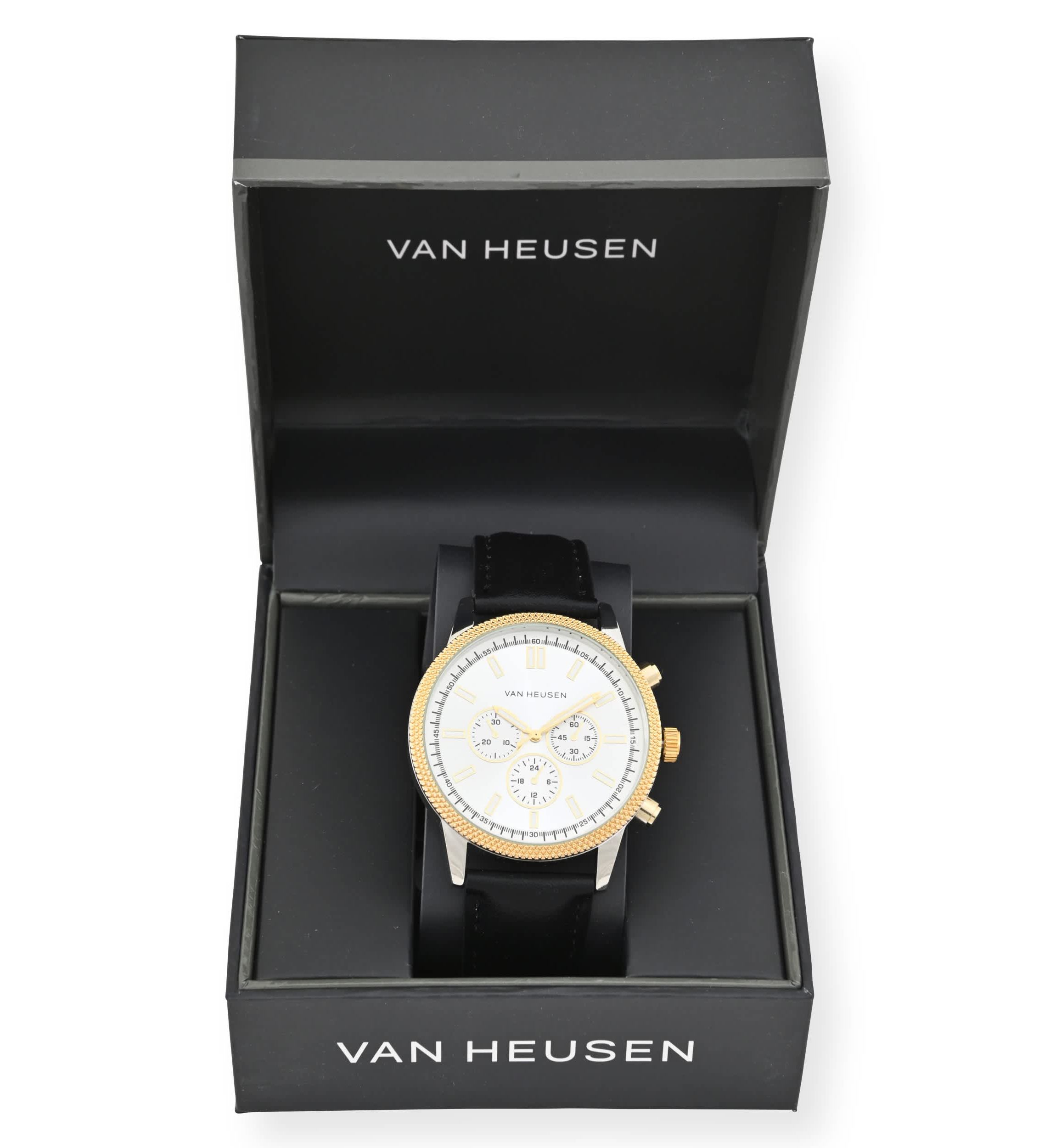 Van Heusen Adult Mens Analog Watch with Two-Tone Gold Silver Case and Black Strap Model# VAN5845