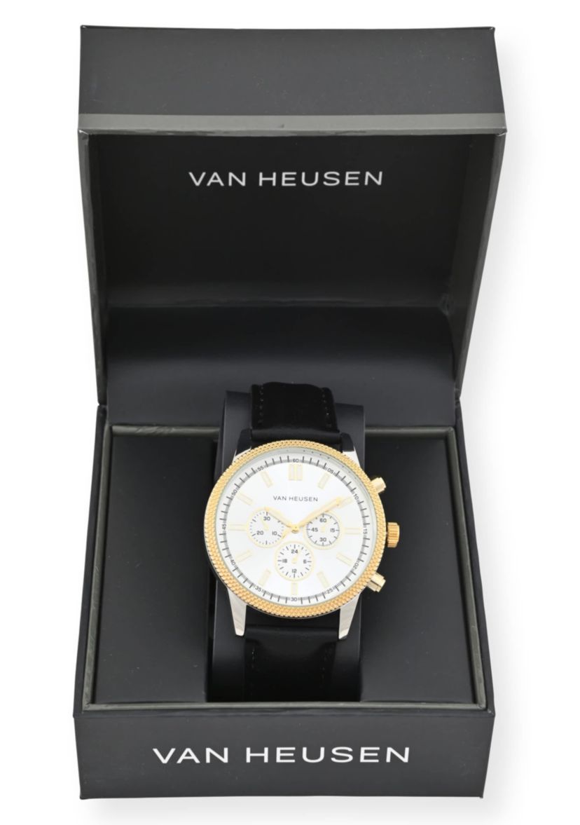 Van Heusen Adult Mens Analog Watch with Two-Tone Gold Silver Case and Black Strap Model# VAN5845