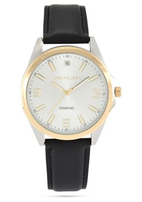 Van Heusen Adult Mens Analog Watch with Two-Tone Silver and Gold Case and Black Strap w Genuine Diamond at 12 Model# VAN5871