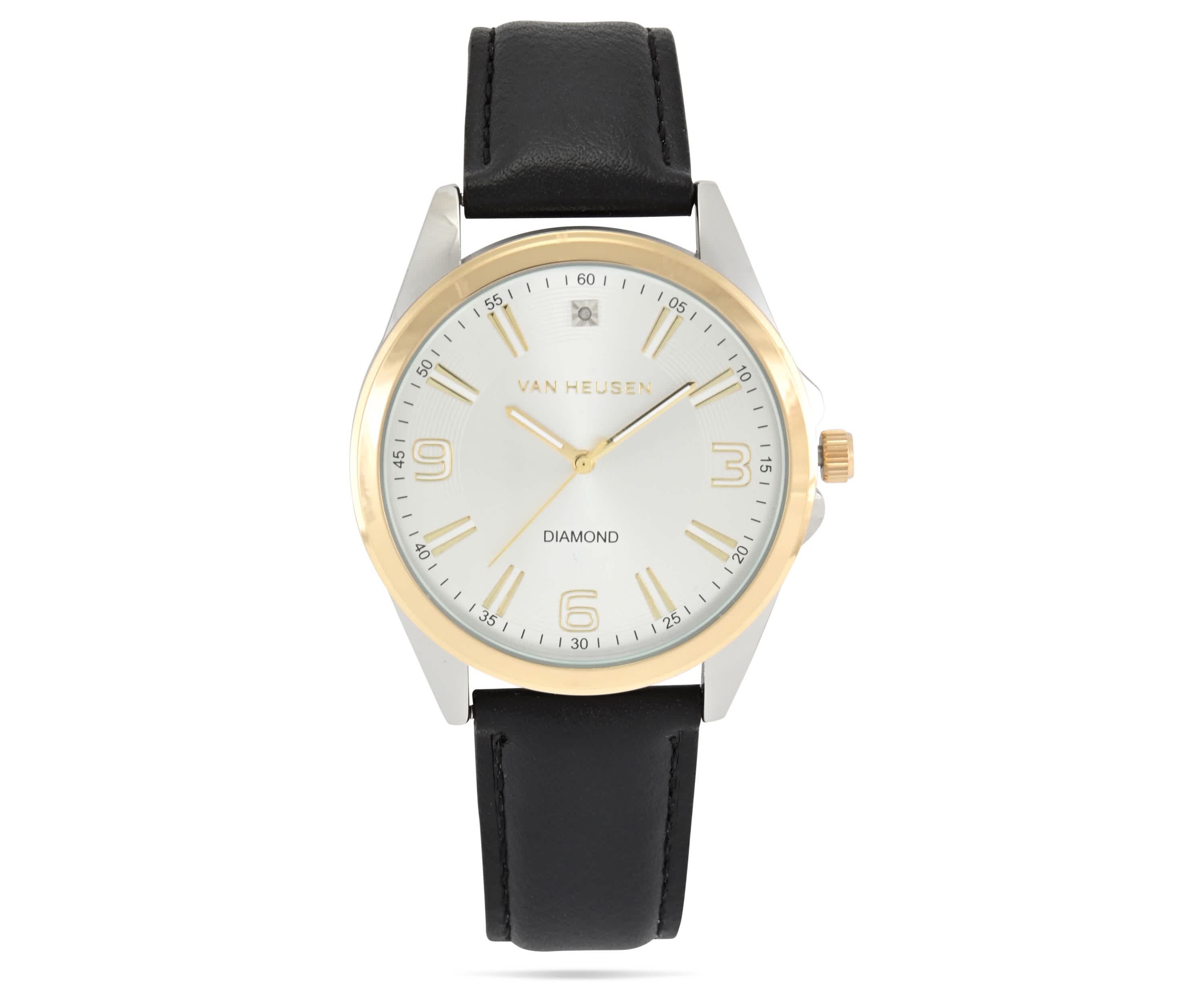 Van Heusen Adult Mens Analog Watch with Two-Tone Silver and Gold Case and Black Strap w Genuine Diamond at 12 Model# VAN5871