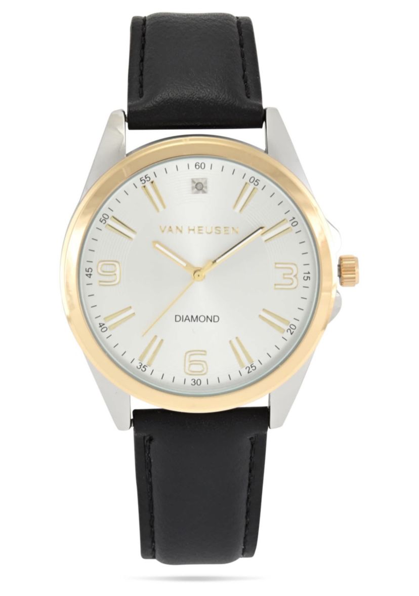 Van Heusen Adult Mens Analog Watch with Two-Tone Silver and Gold Case and Black Strap w Genuine Diamond at 12 Model# VAN5871