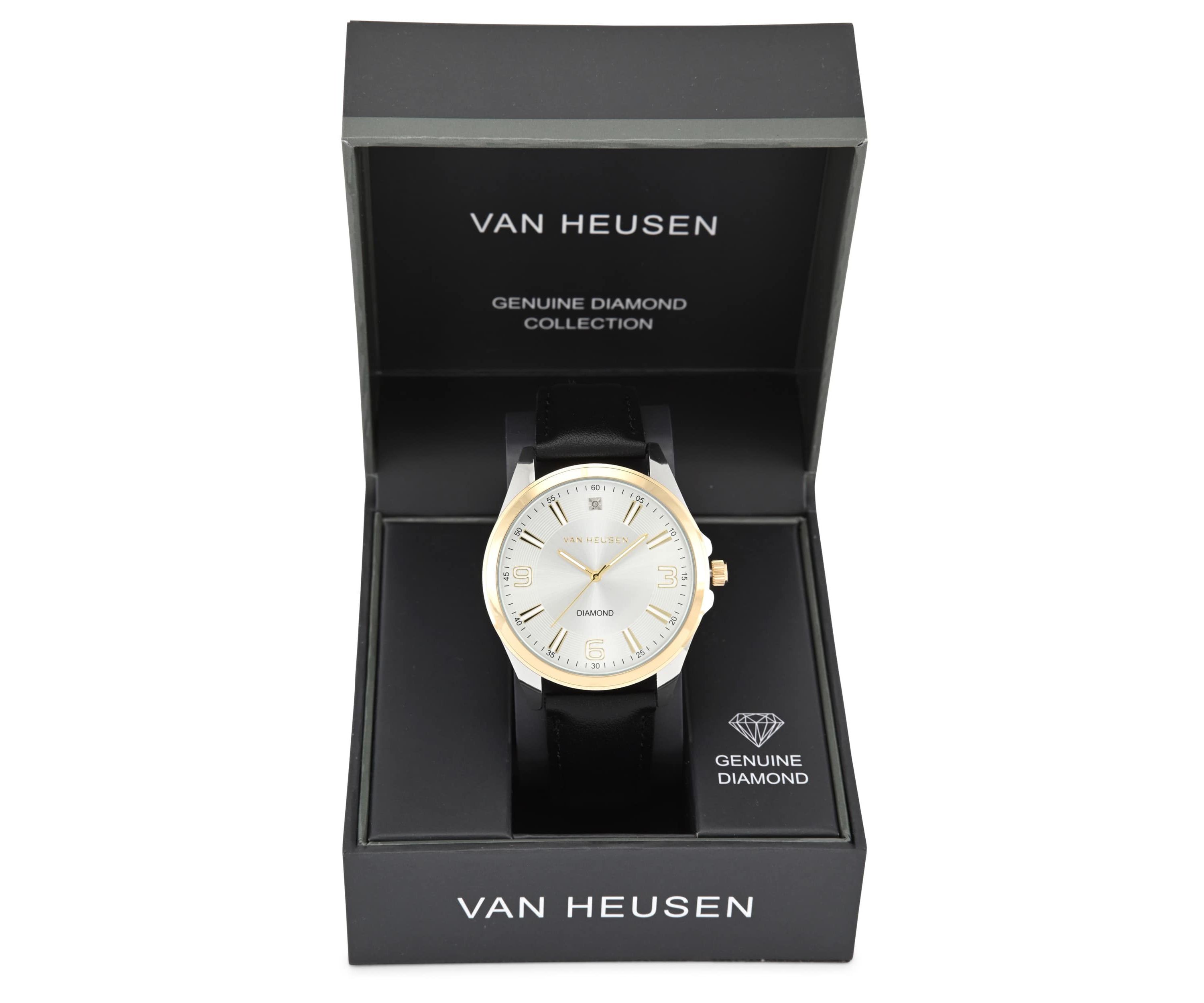 Van Heusen Adult Mens Analog Watch with Two-Tone Silver and Gold Case and Black Strap w Genuine Diamond at 12 Model# VAN5871