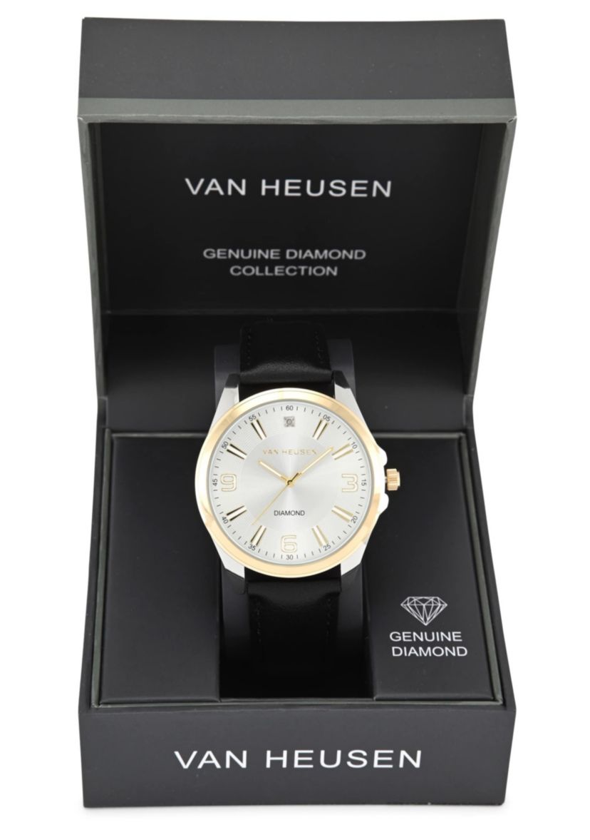 Van Heusen Adult Mens Analog Watch with Two-Tone Silver and Gold Case and Black Strap w Genuine Diamond at 12 Model# VAN5871