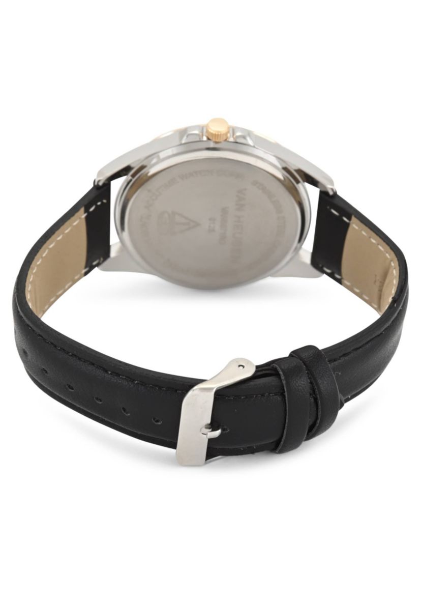 Van Heusen Adult Mens Analog Watch with Two-Tone Silver and Gold Case and Black Strap w Genuine Diamond at 12 Model# VAN5871
