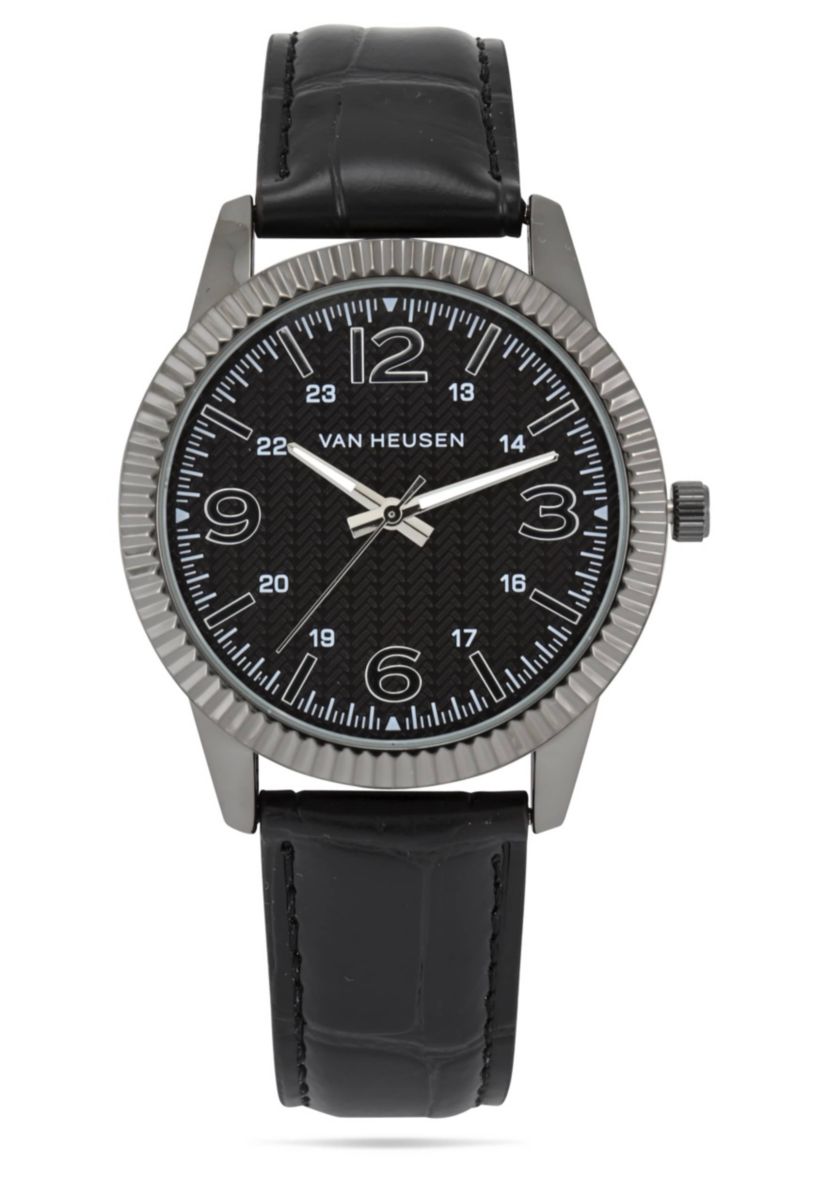 Van Heusen Adult Mens Analog Watch with Gun Metal Case and Black Crocodile Strap Model# VAN5909