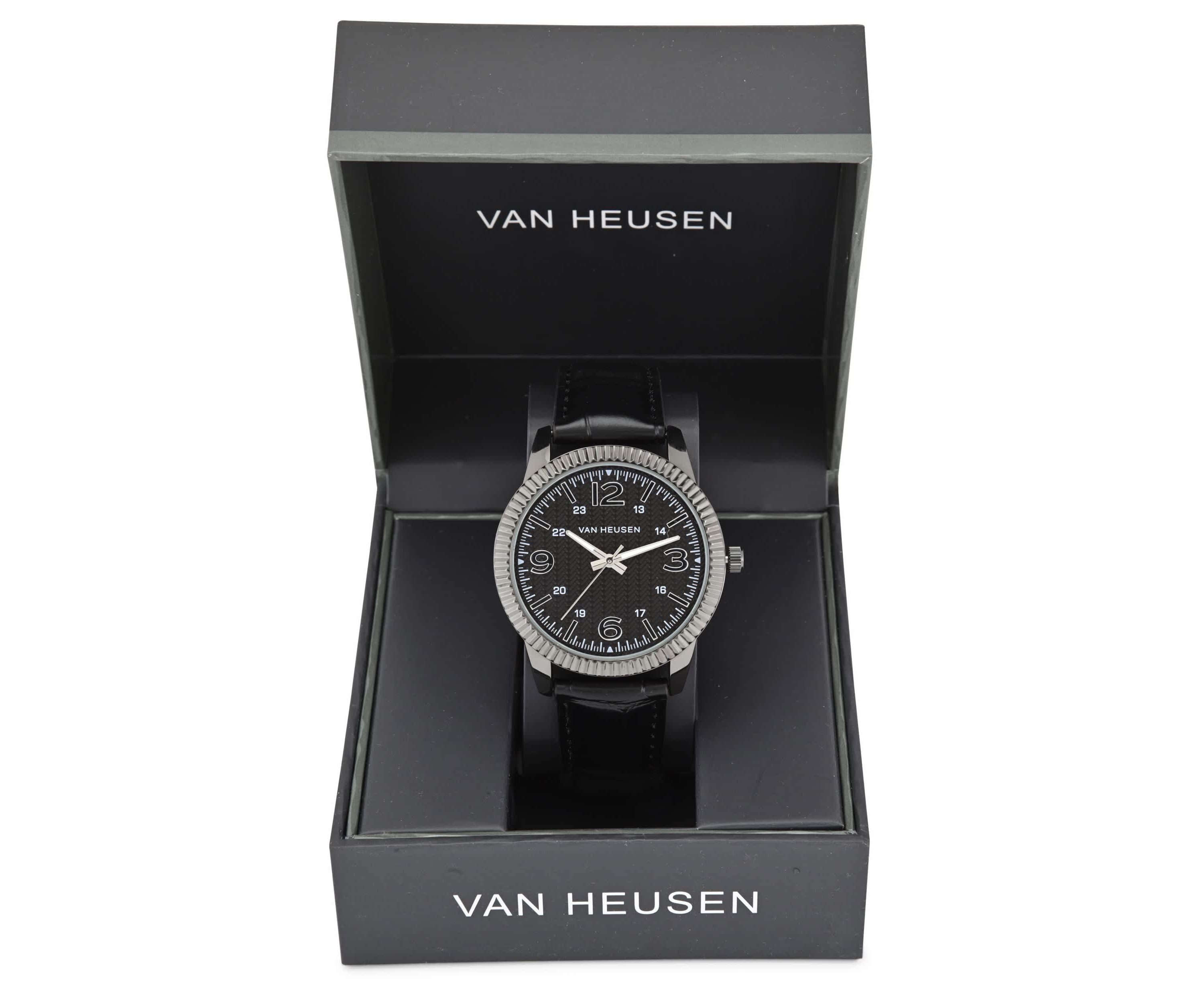 Van Heusen Adult Mens Analog Watch with Gun Metal Case and Black Crocodile Strap Model# VAN5909