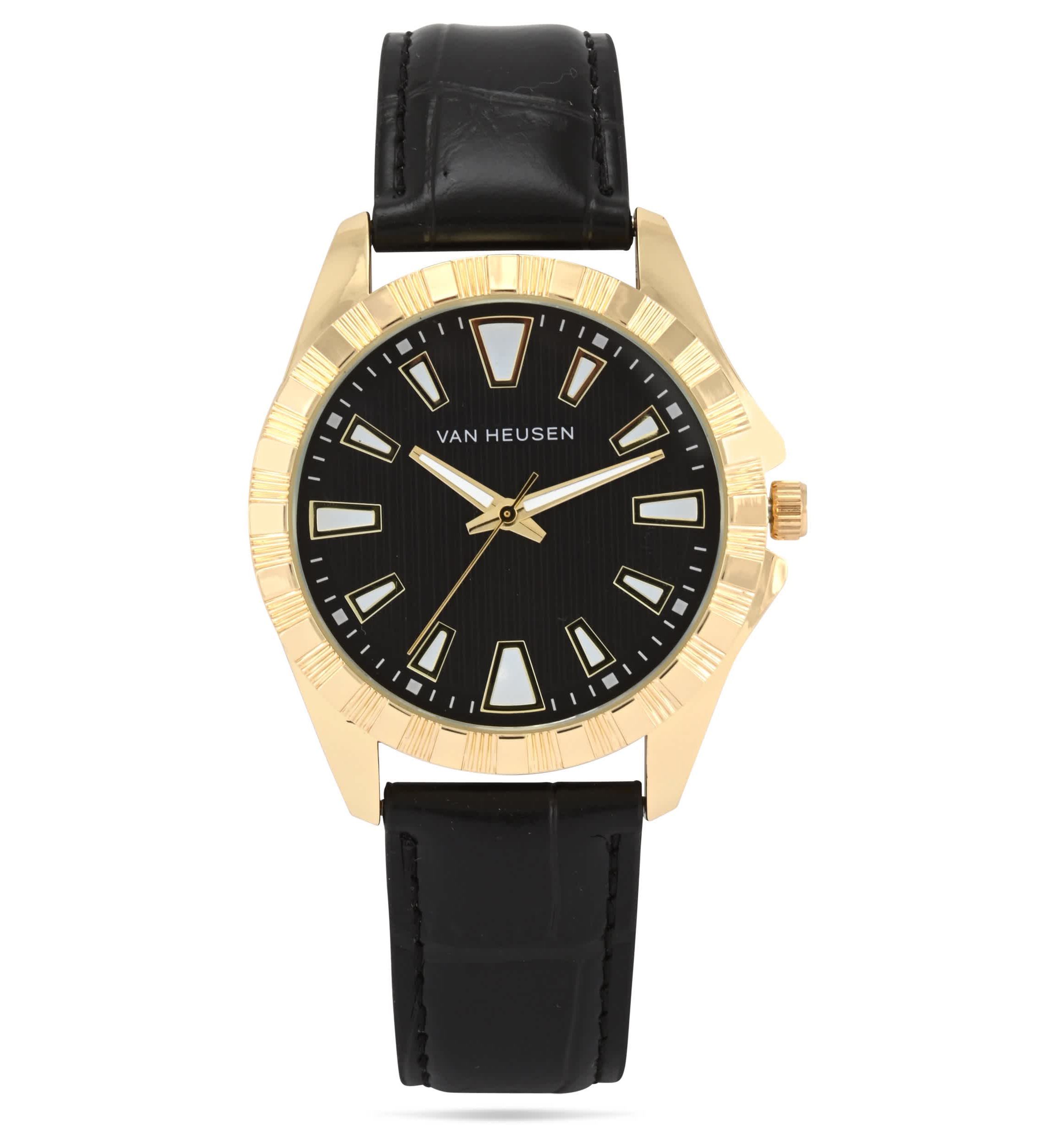 Van Heusen Adult Mens Analog Watch with Gold Case Black Dial and Black Crocodile Strap Model# VAN5913
