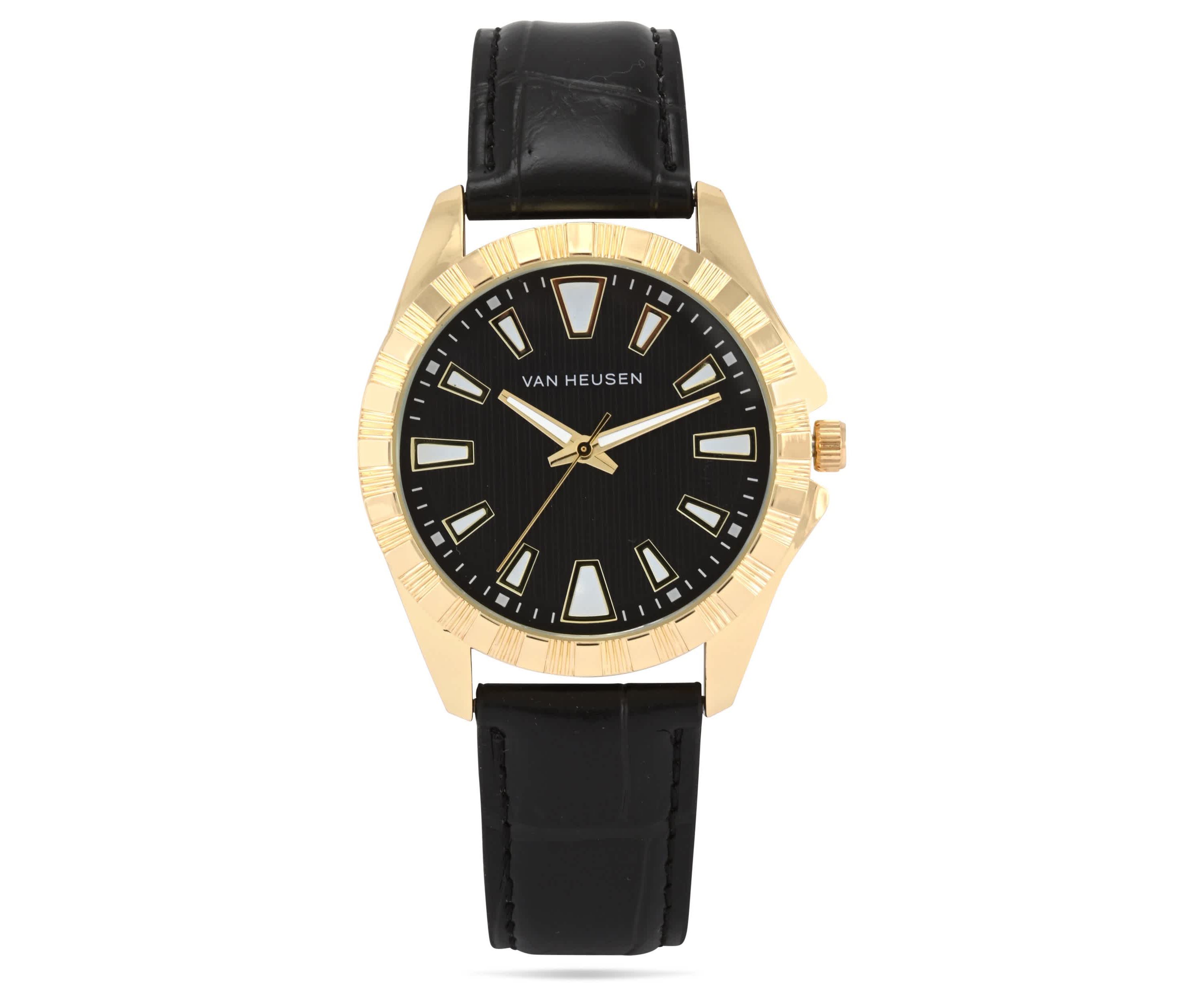 Van Heusen Adult Mens Analog Watch with Gold Case Black Dial and Black Crocodile Strap Model# VAN5913