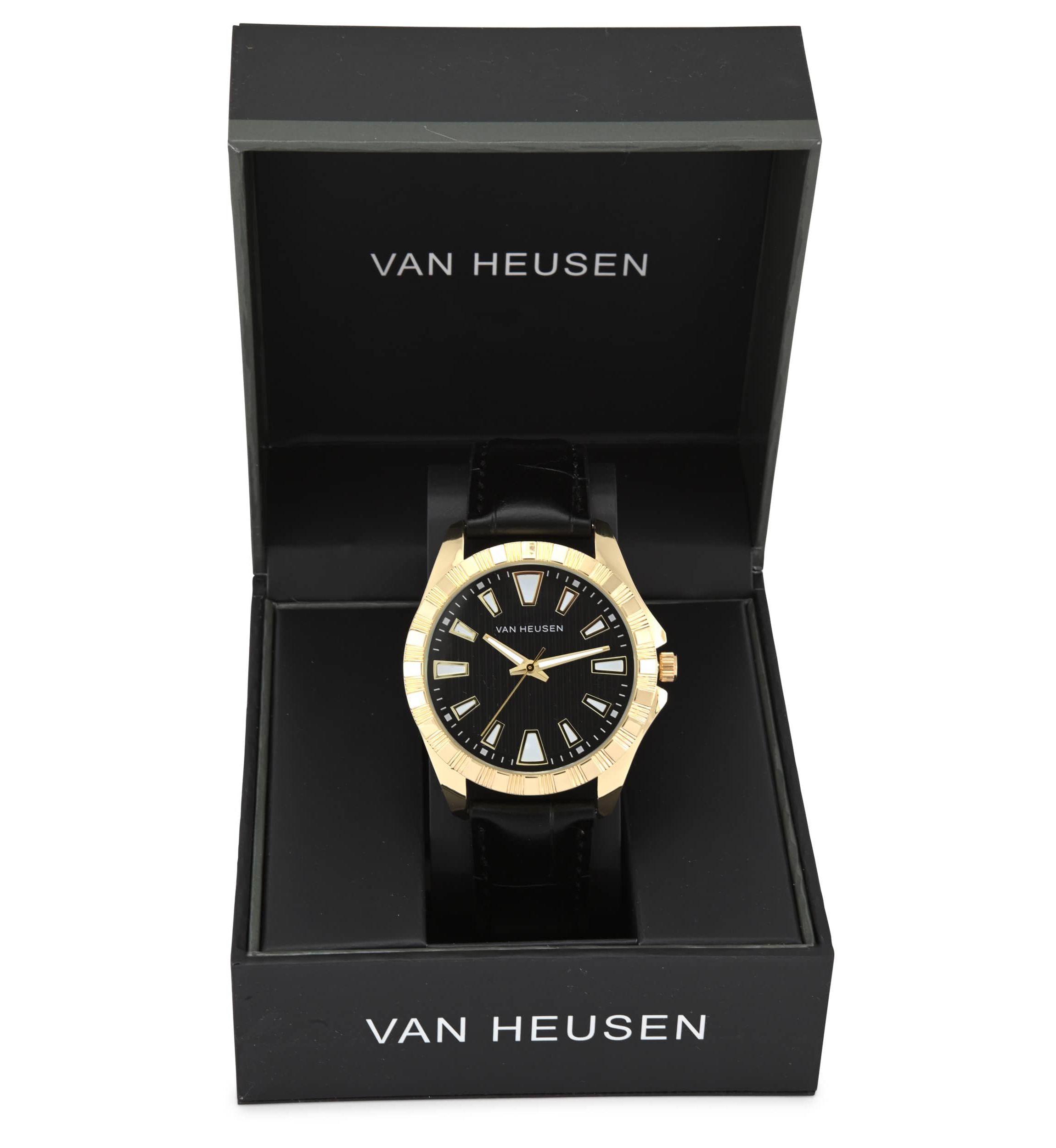 Van Heusen Adult Mens Analog Watch with Gold Case Black Dial and Black Crocodile Strap Model# VAN5913