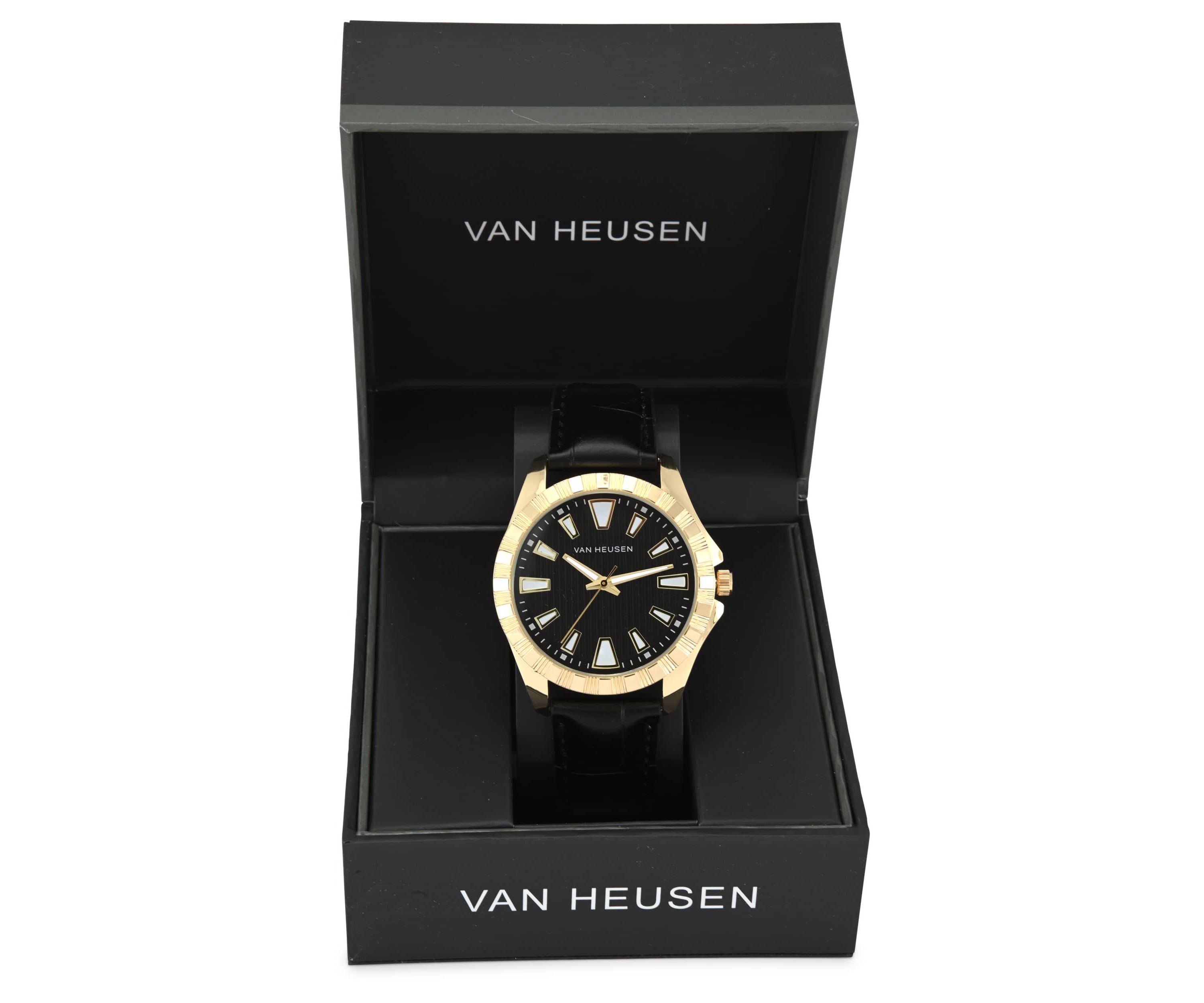 Van Heusen Adult Mens Analog Watch with Gold Case Black Dial and Black Crocodile Strap Model# VAN5913