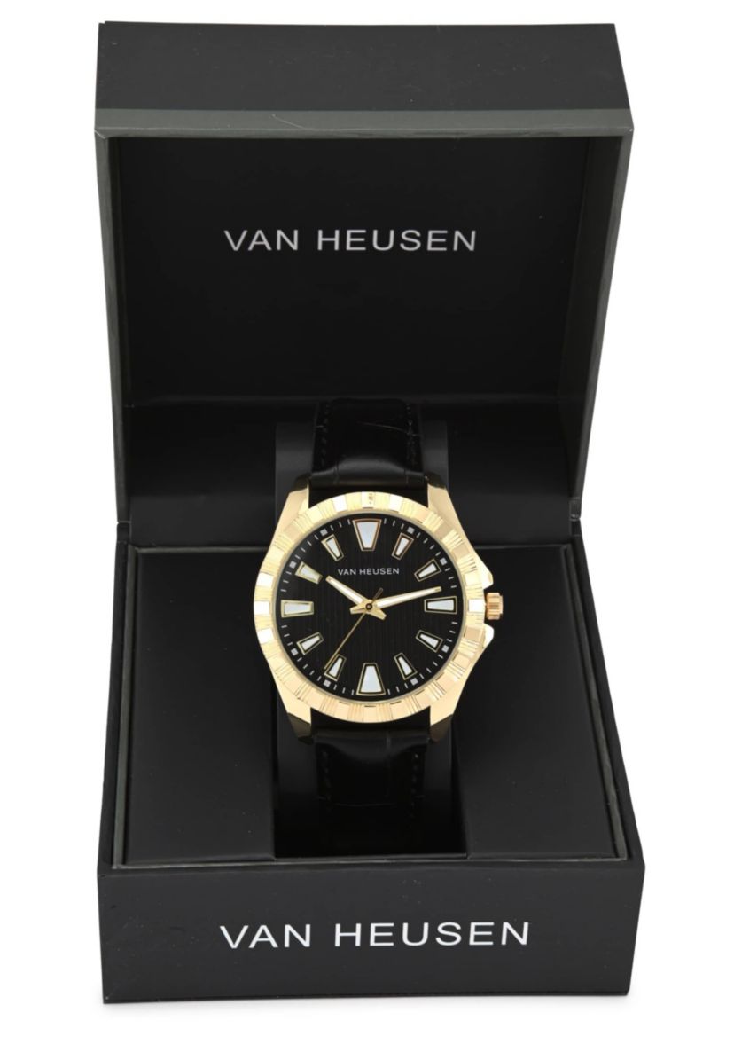 Van Heusen Adult Mens Analog Watch with Gold Case Black Dial and Black Crocodile Strap Model# VAN5913