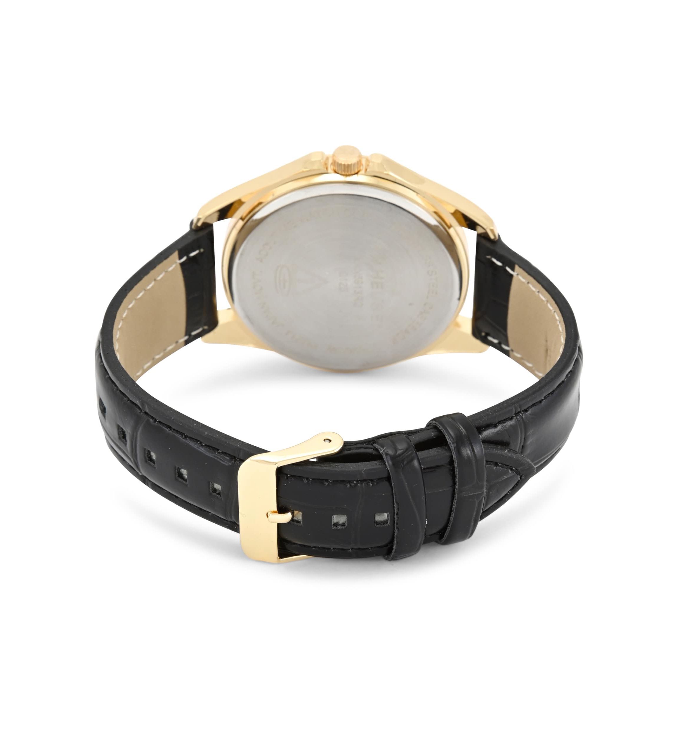 Van Heusen Adult Mens Analog Watch with Gold Case Black Dial and Black Crocodile Strap Model# VAN5913