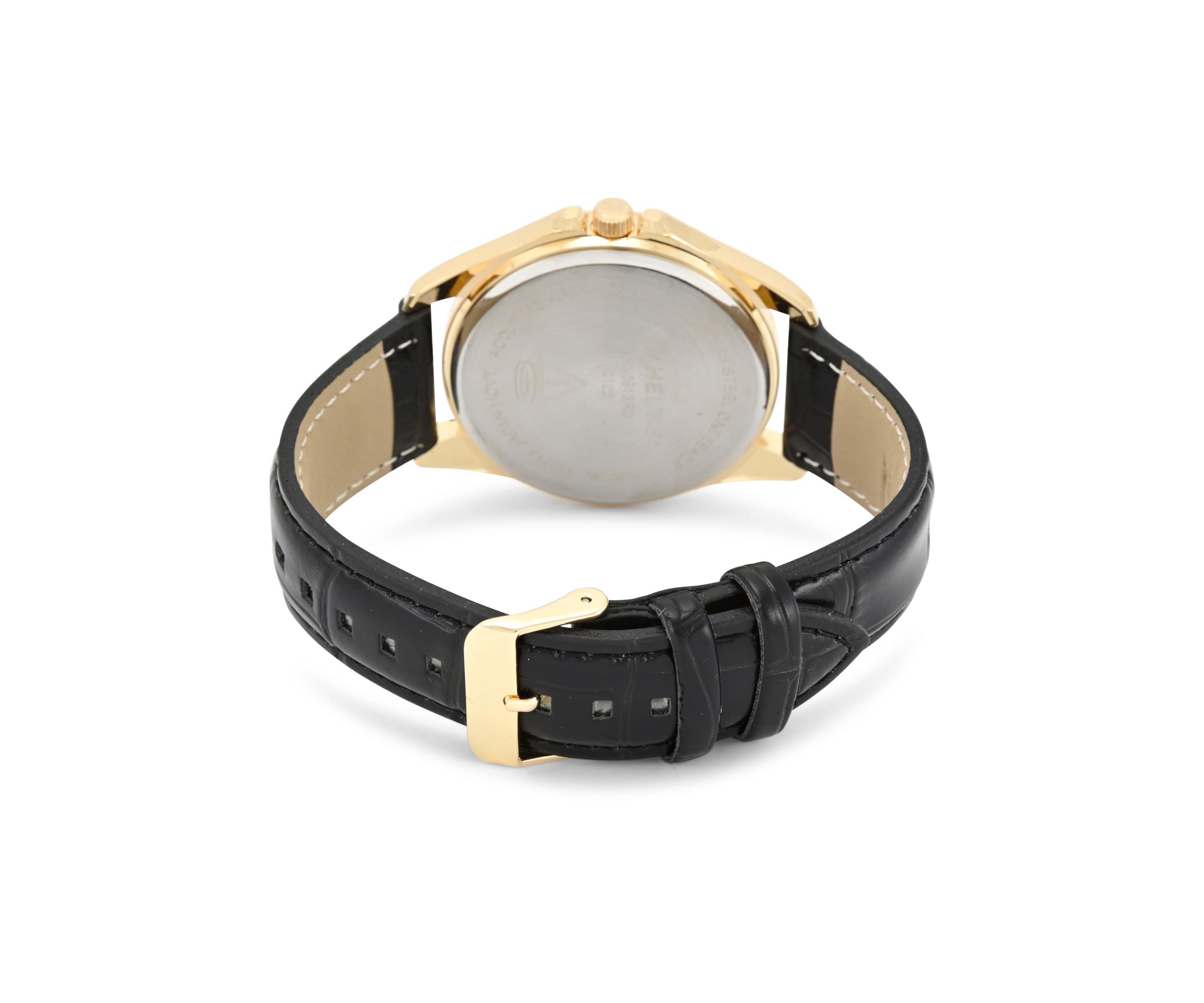 Van Heusen Adult Mens Analog Watch with Gold Case Black Dial and Black Crocodile Strap Model# VAN5913
