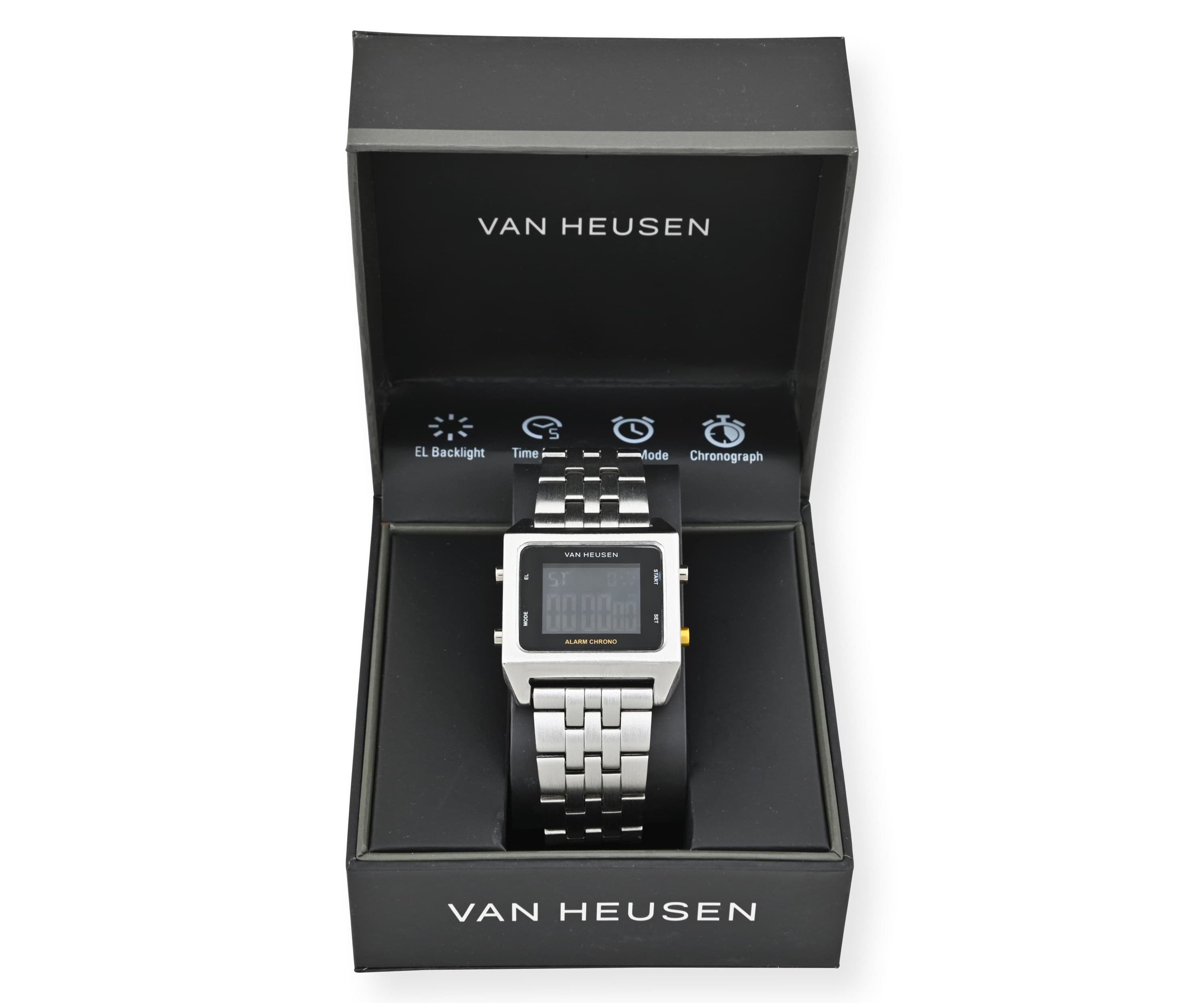 Van Heusen Adult Mens Digital Watch with Silvertone Case Black Dial and Silver Bracelet Model# VAN7012