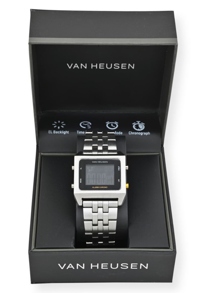 Van Heusen Adult Mens Digital Watch with Silvertone Case Black Dial and Silver Bracelet Model# VAN7012