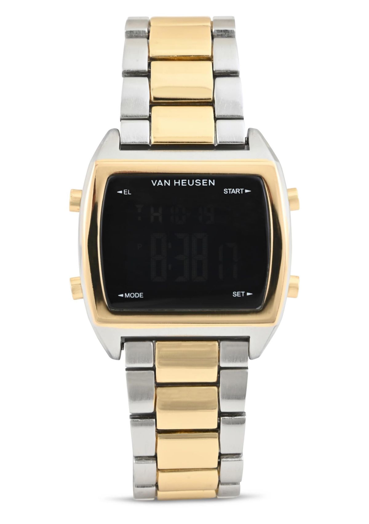 Van Heusen Adult Mens Digital Watch with Two-Tone Gold Silver Case Black Dial and Two-Tone Bracelet Model# VAN7014