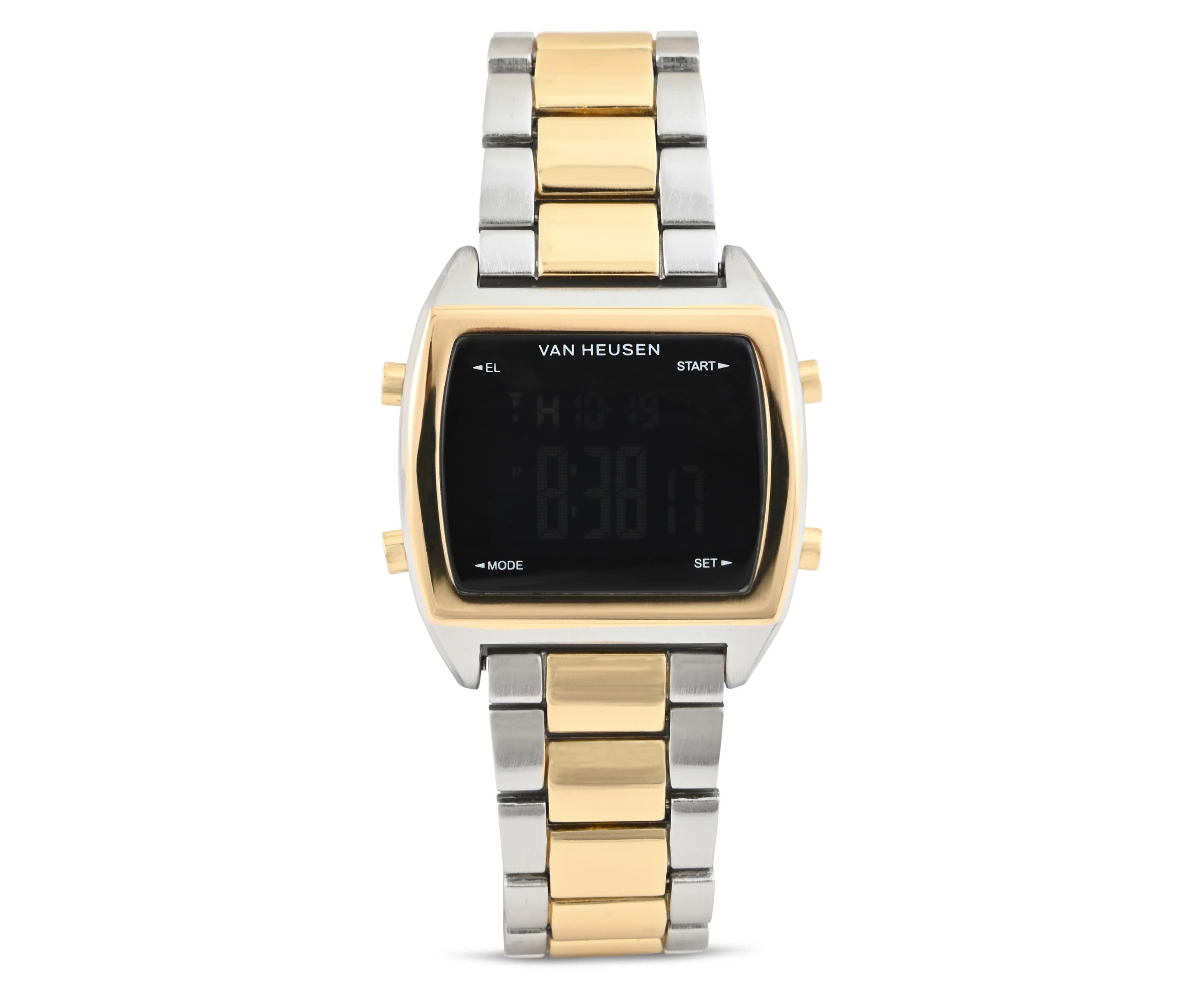 Van Heusen Adult Mens Digital Watch with Two-Tone Gold Silver Case Black Dial and Two-Tone Bracelet Model# VAN7014