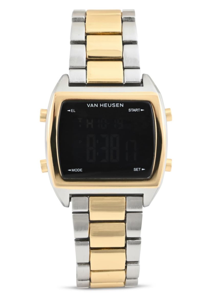 Van Heusen Adult Mens Digital Watch with Two-Tone Gold Silver Case Black Dial and Two-Tone Bracelet Model# VAN7014
