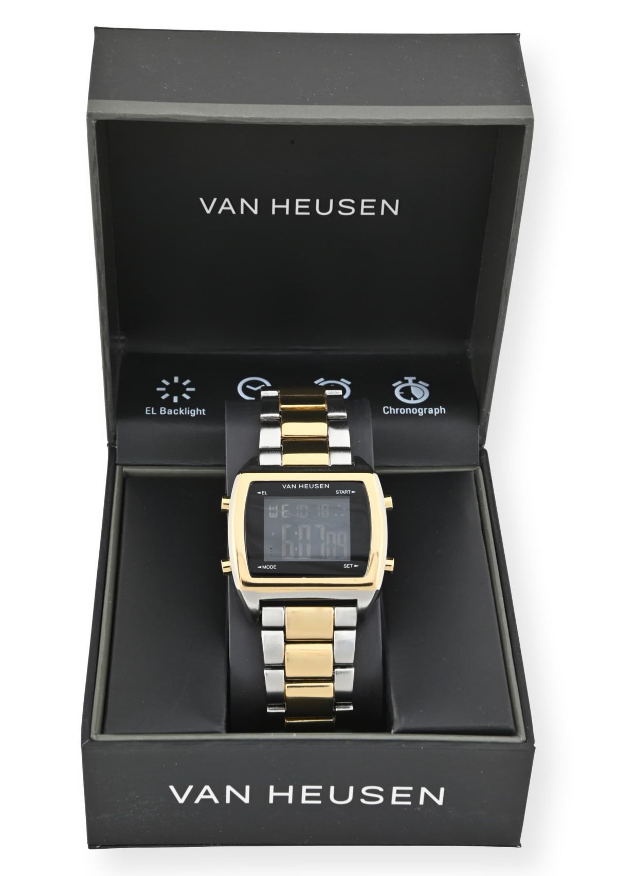 Van Heusen Adult Mens Digital Watch with Two-Tone Gold Silver Case Black Dial and Two-Tone Bracelet Model# VAN7014