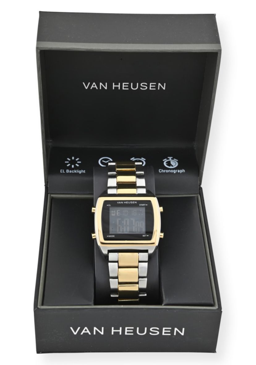 Van Heusen Adult Mens Digital Watch with Two-Tone Gold Silver Case Black Dial and Two-Tone Bracelet Model# VAN7014