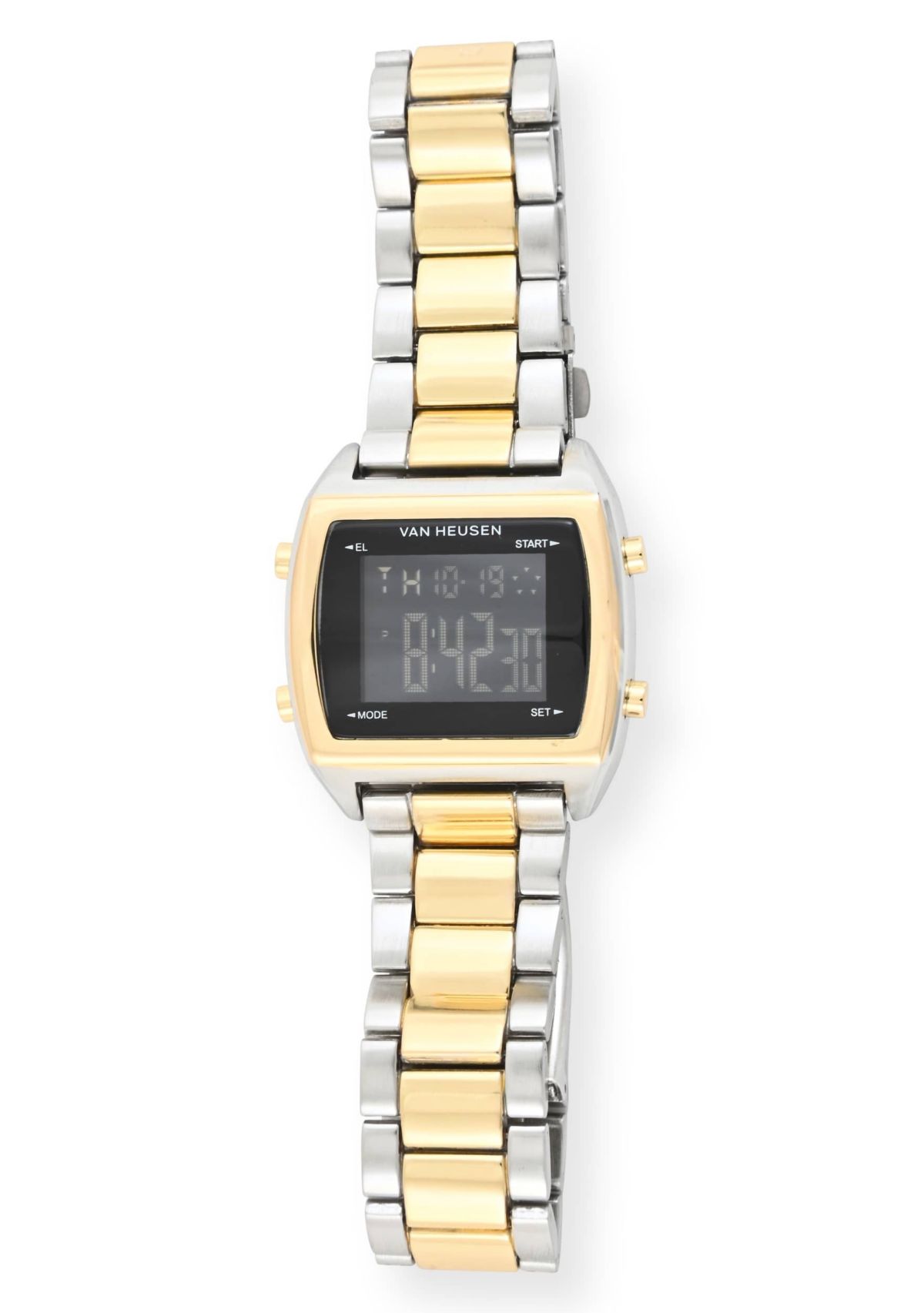 Van Heusen Adult Mens Digital Watch with Two-Tone Gold Silver Case Black Dial and Two-Tone Bracelet Model# VAN7014