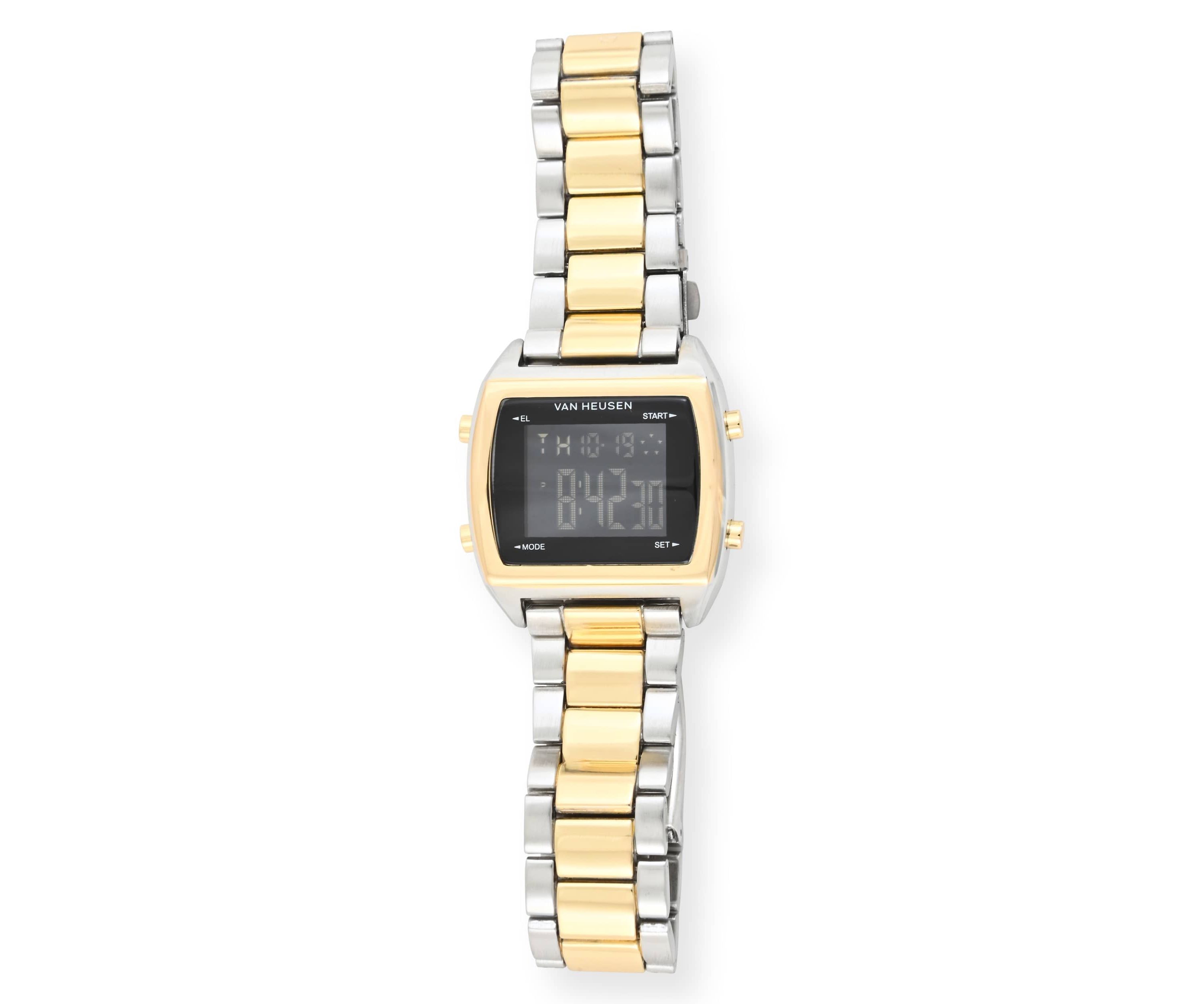 Van Heusen Adult Mens Digital Watch with Two-Tone Gold Silver Case Black Dial and Two-Tone Bracelet Model# VAN7014