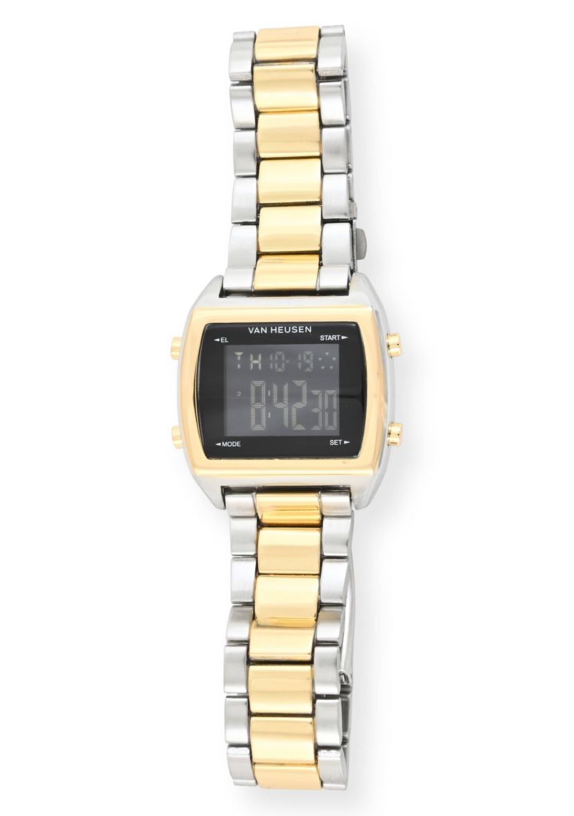 Van Heusen Adult Mens Digital Watch with Two-Tone Gold Silver Case Black Dial and Two-Tone Bracelet Model# VAN7014