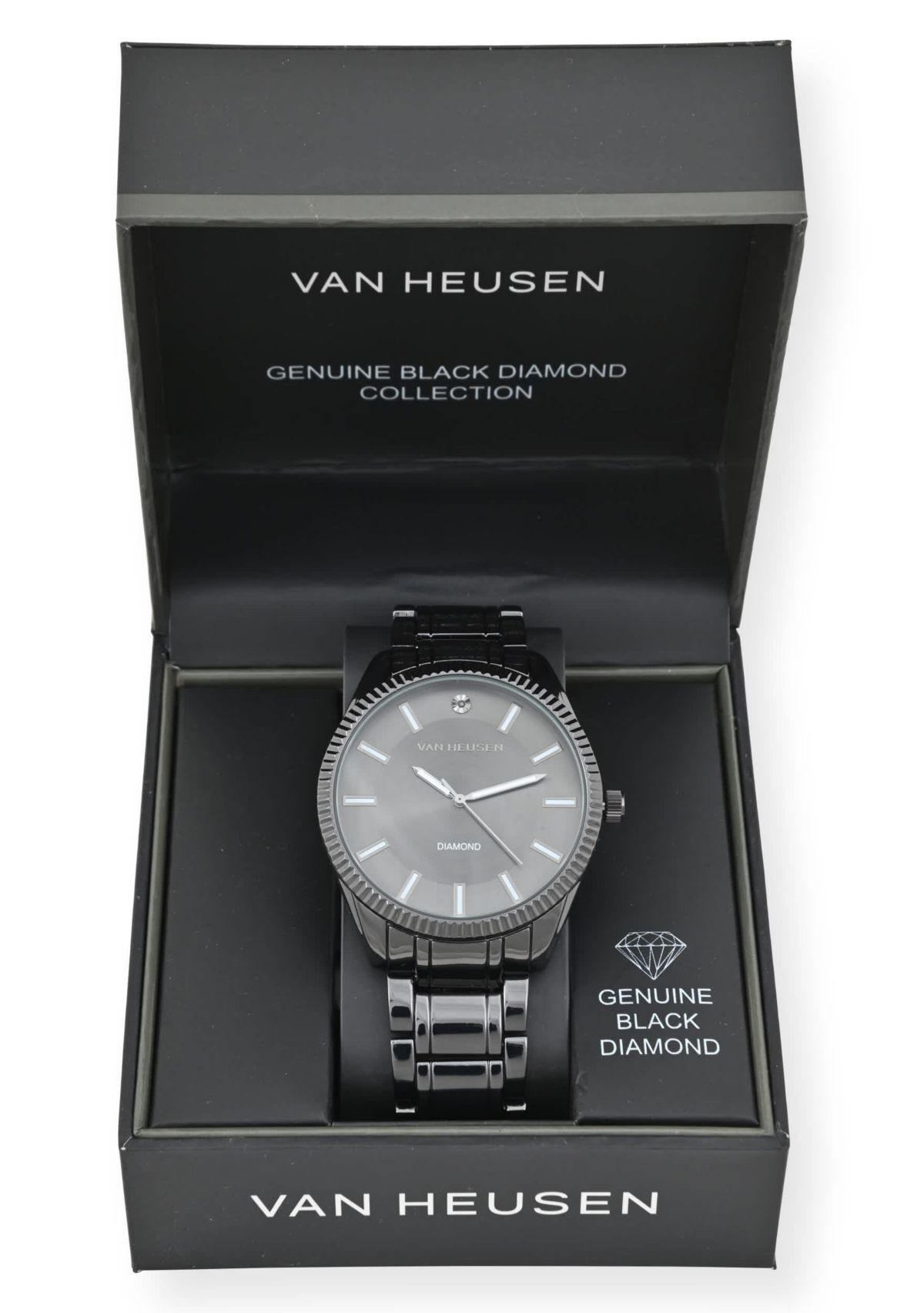 Van Heusen Adult Mens Analog Watch with Black Case and Dial with Black Bracelet w Diamond at 12 Model# VAN80165