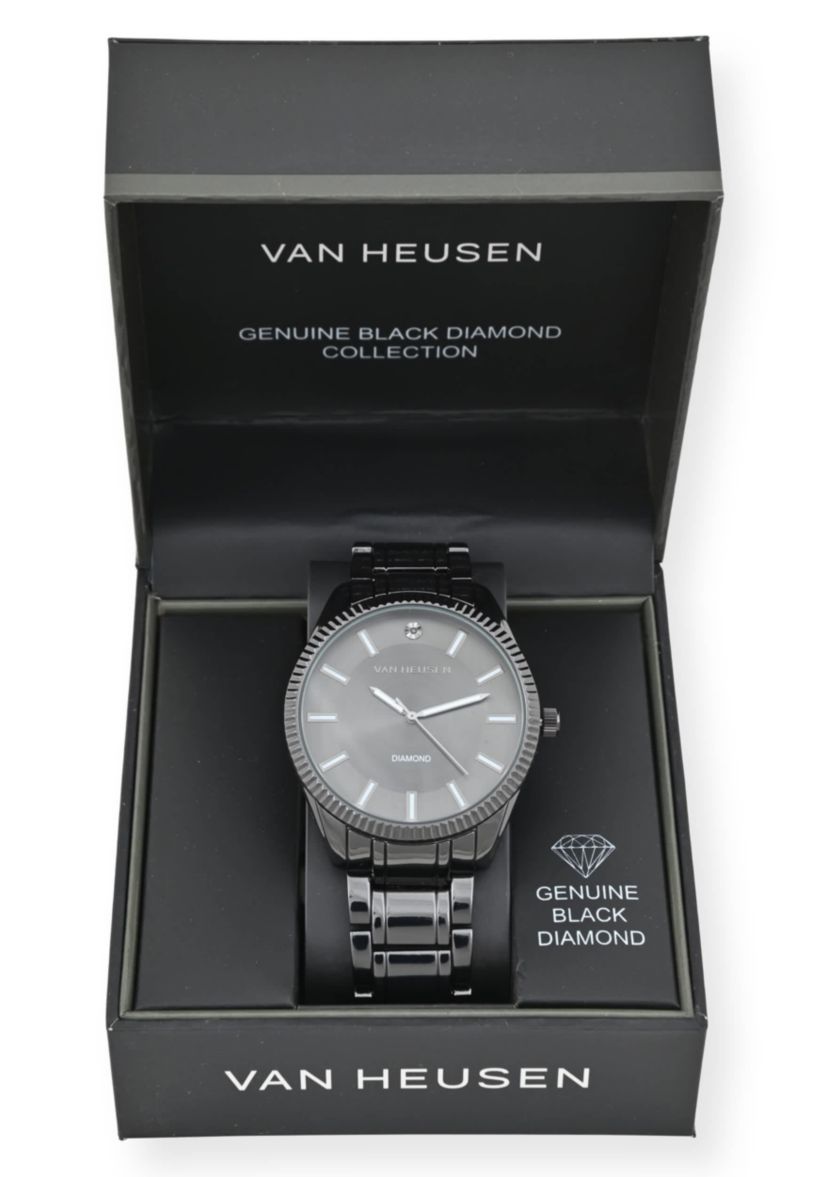 Van Heusen Adult Mens Analog Watch with Black Case and Dial with Black Bracelet w Diamond at 12 Model# VAN80165