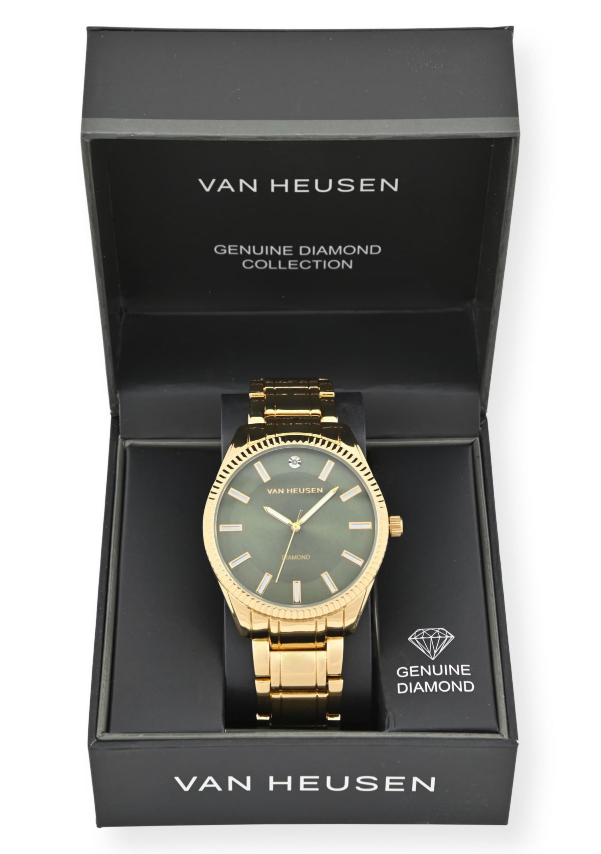 Van Heusen Adult Mens Analog Watch with Gold-Tone Case and Bracelet w Diamond at 12 Model# VAN80167