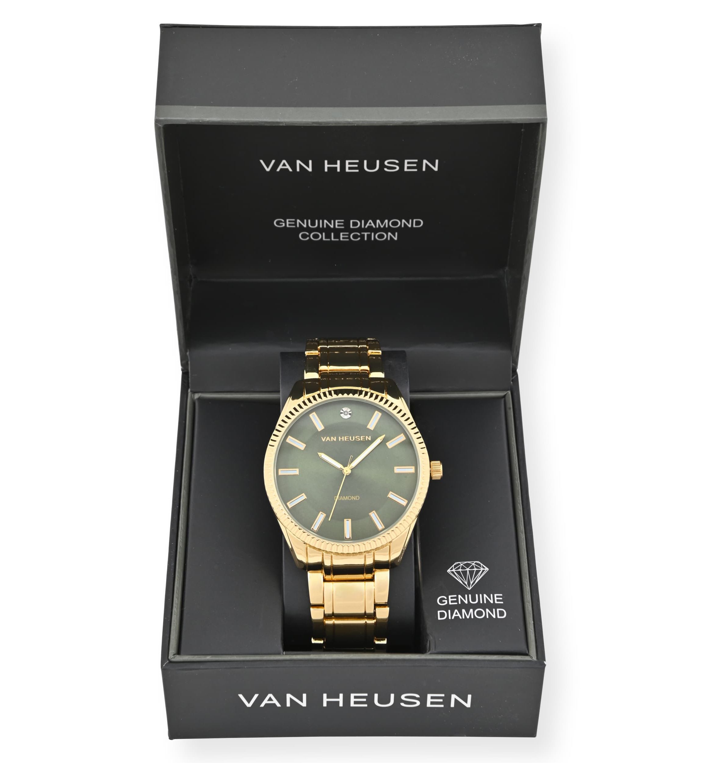 Van Heusen Adult Mens Analog Watch with Gold-Tone Case and Bracelet w Diamond at 12 Model# VAN80167