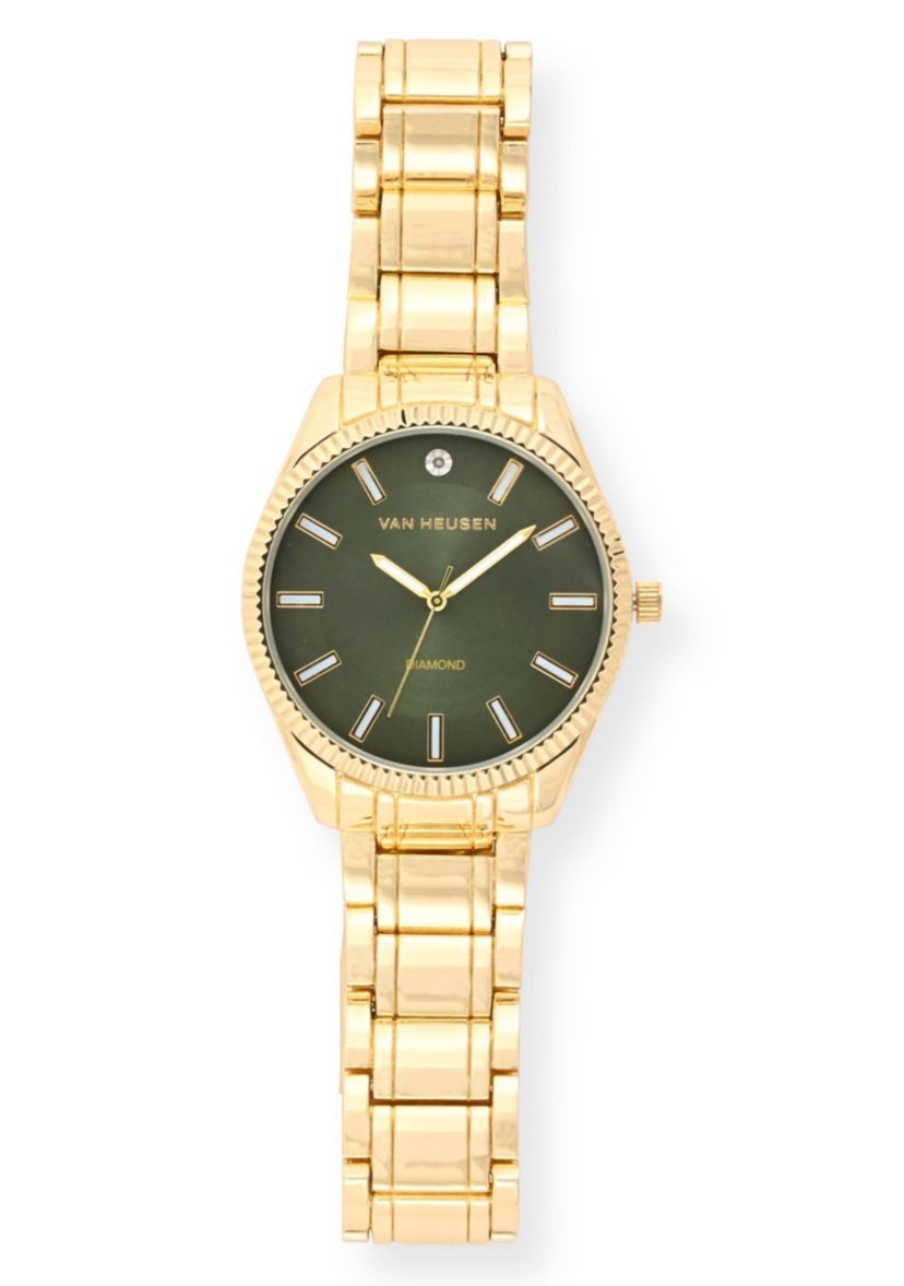 Van Heusen Adult Mens Analog Watch with Gold-Tone Case and Bracelet w Diamond at 12 Model# VAN80167