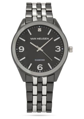 Van Heusen Adult Mens Analog Watch with Two-Tone Silver Black Case and Bracelet w Diamond at 12 Model# VAN80335