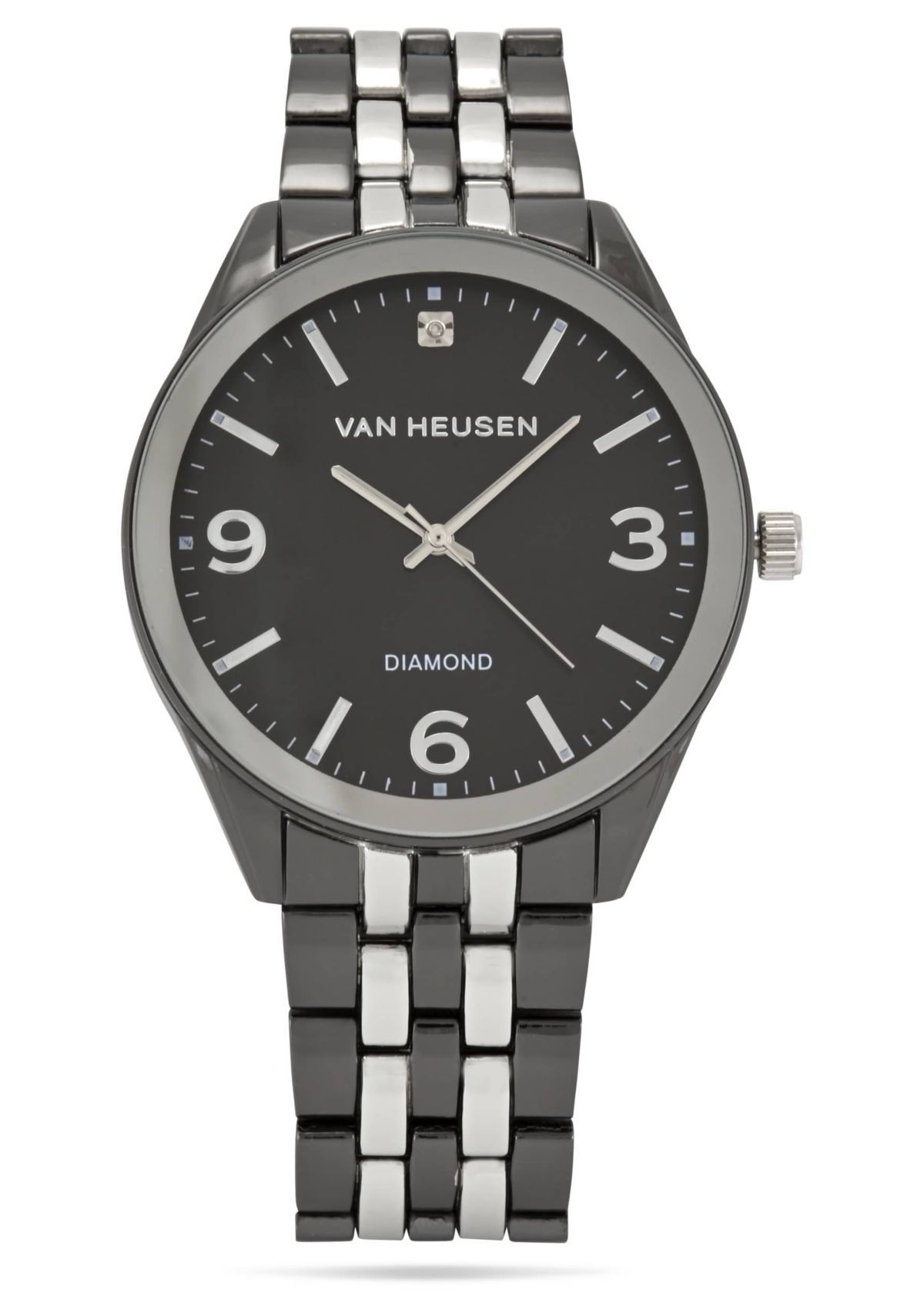 Van Heusen Adult Mens Analog Watch with Two-Tone Silver Black Case and Bracelet w Diamond at 12 Model# VAN80335